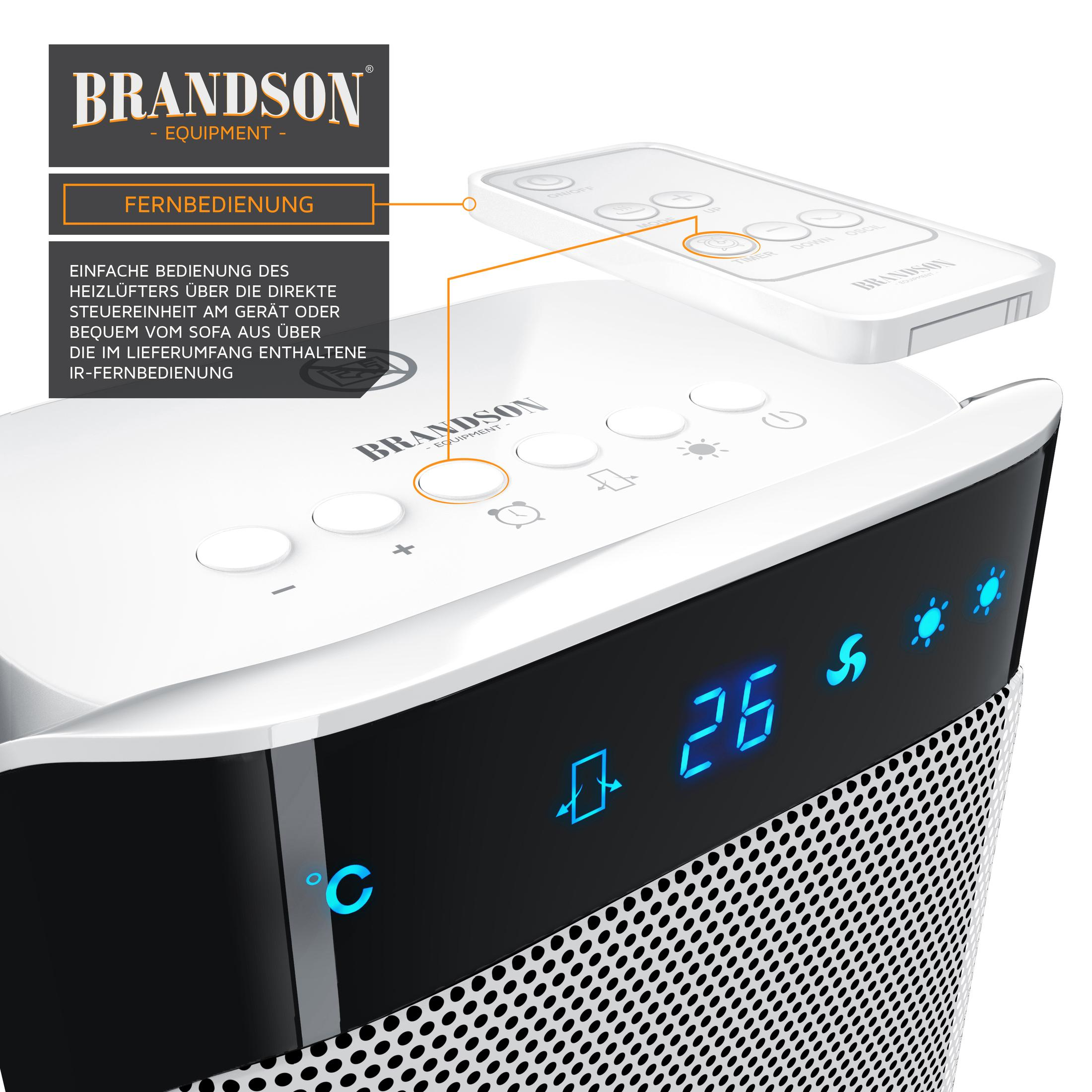 Brandson Heizlüfter mit digitaler Anzeige, oberen Bedientasten und weißer Fernbedienung.