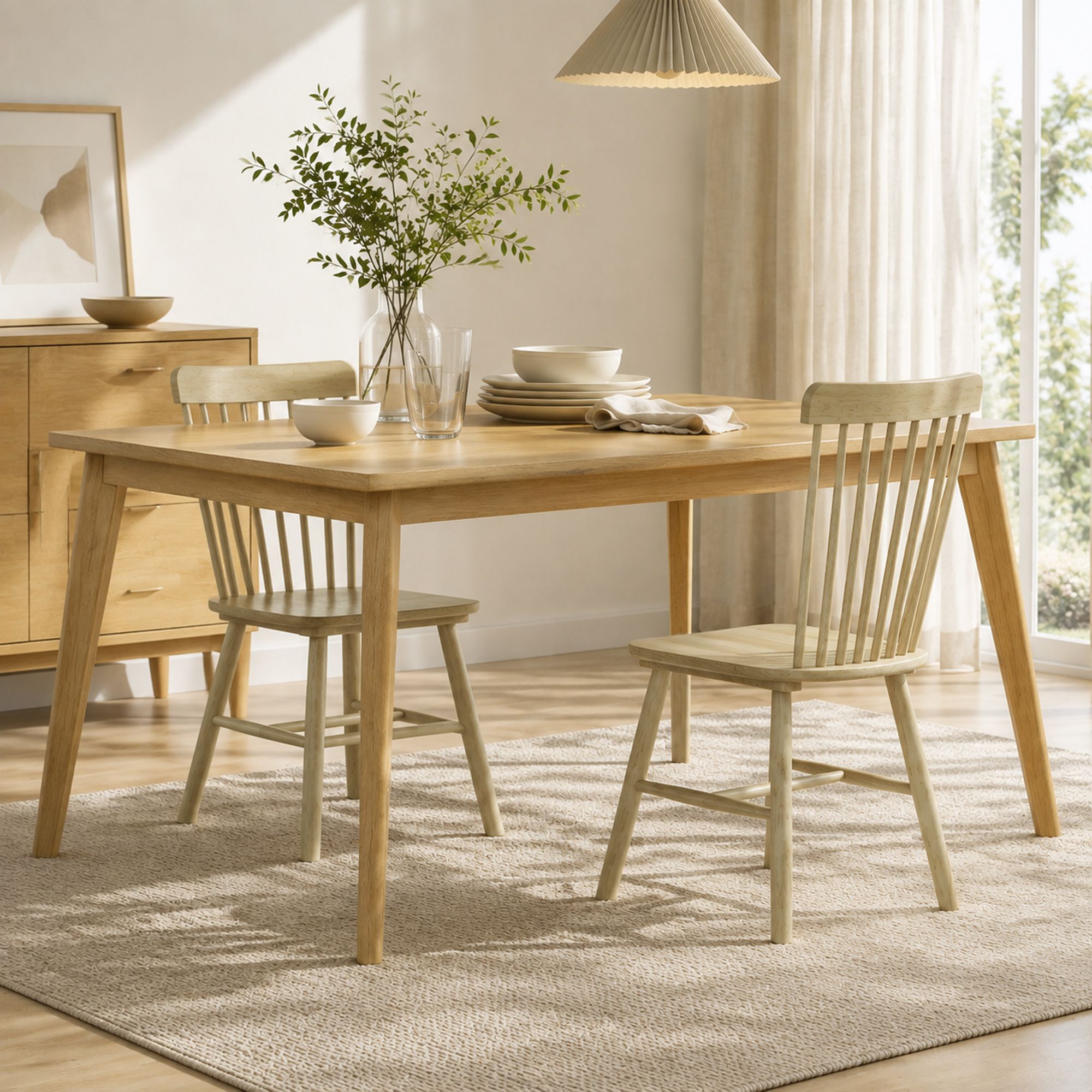 Un comedor luminoso con mesa de madera, sillas y un florero con vegetación.