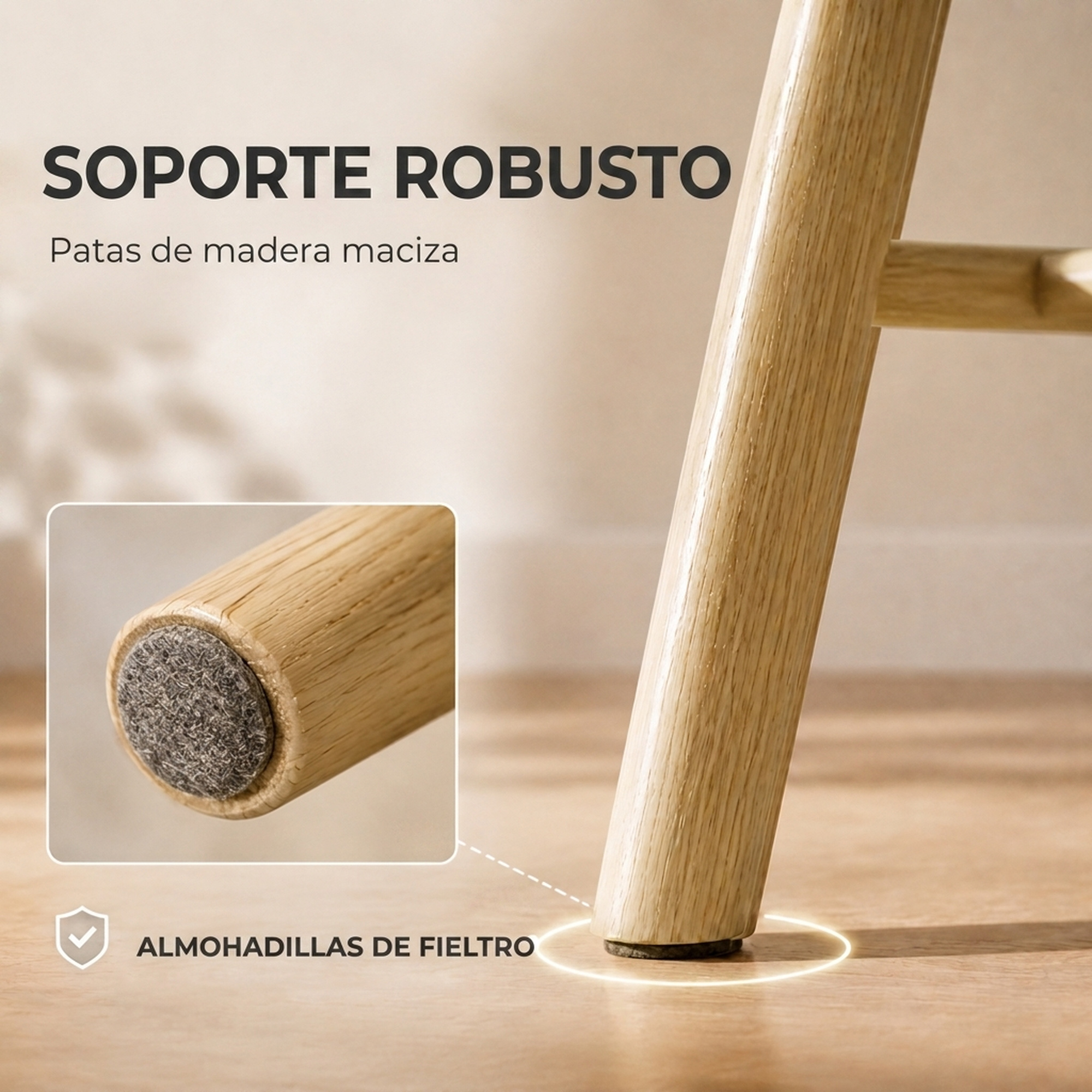Primer plano de una pata de mueble de madera maciza con una almohadilla de fieltro.