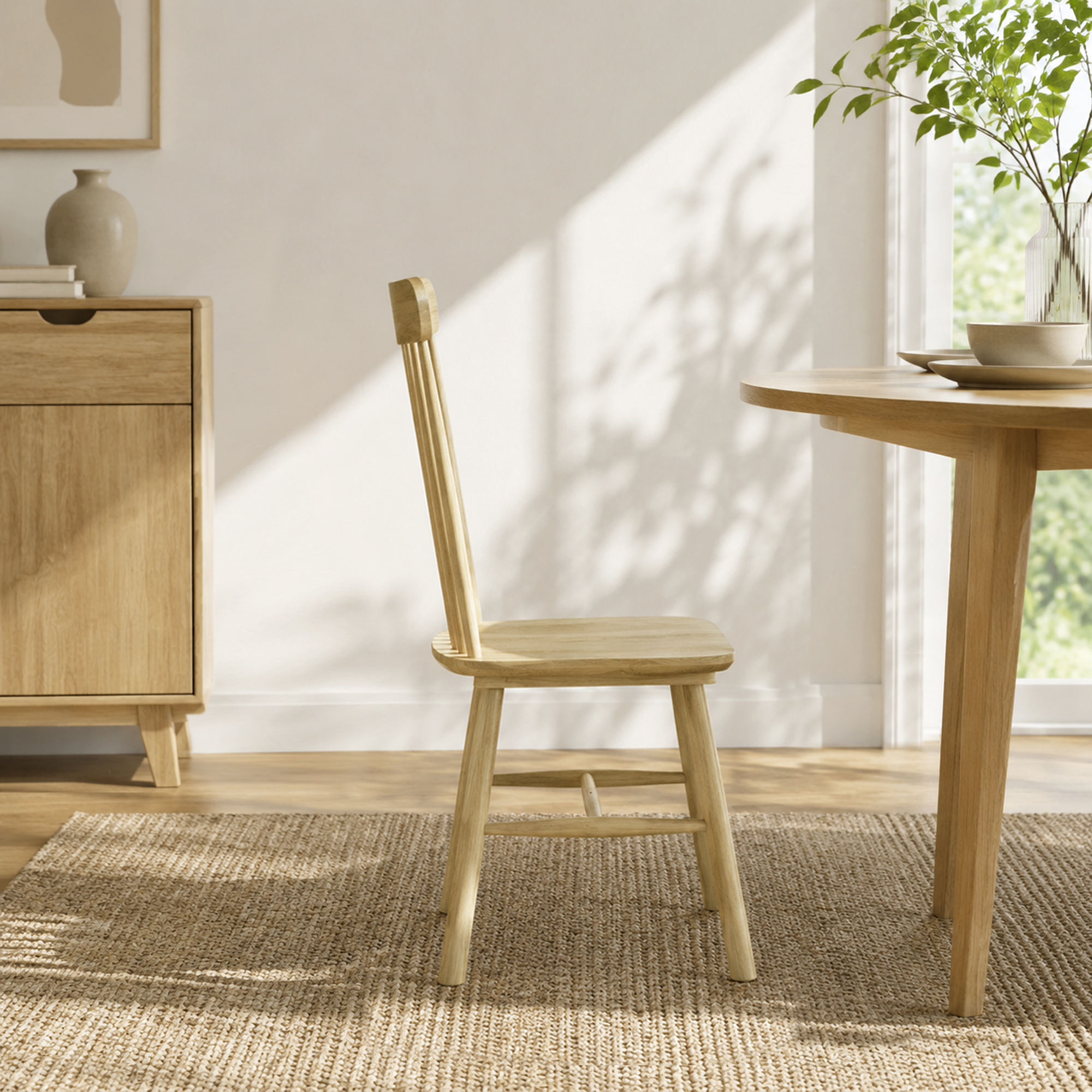Una silla de madera sobre una alfombra en una habitación soleada, junto a una mesa y un mueble.