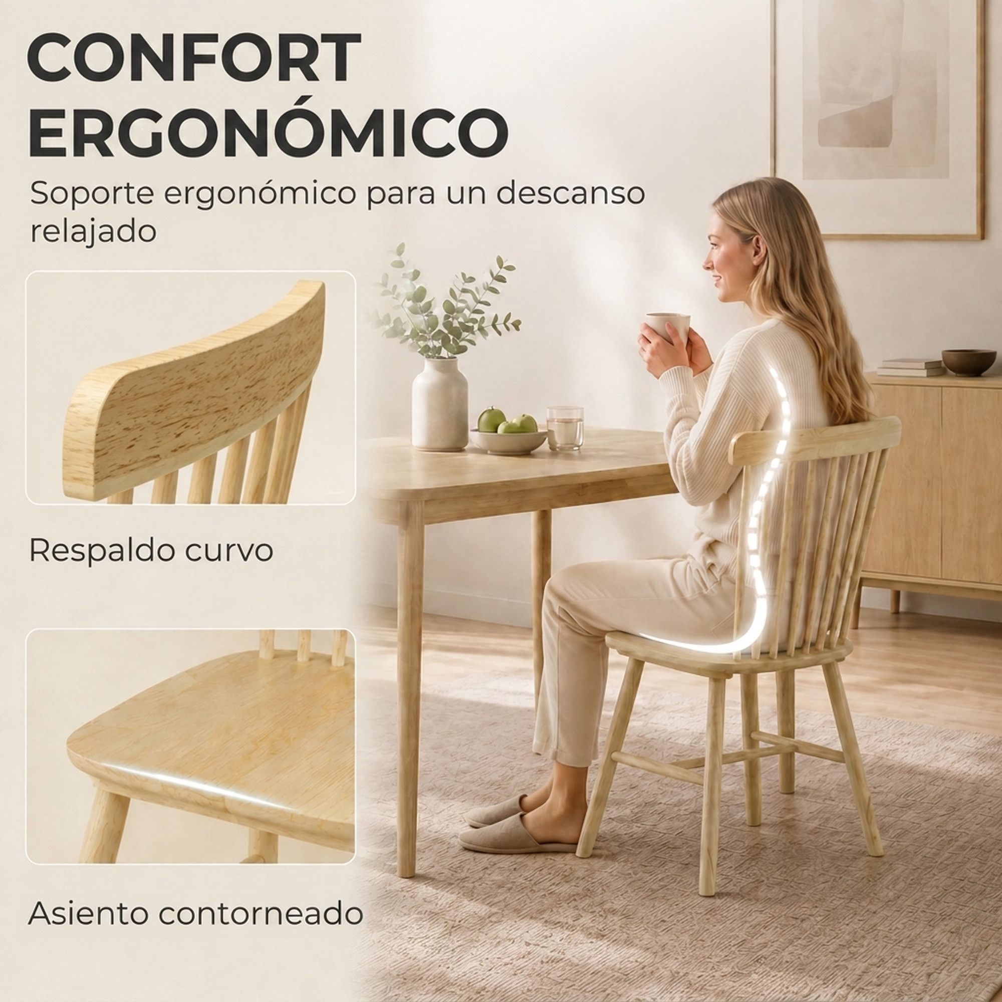Una mujer se relaja en una silla de madera en una mesa con una taza. Textos resaltan detalles de la silla.
