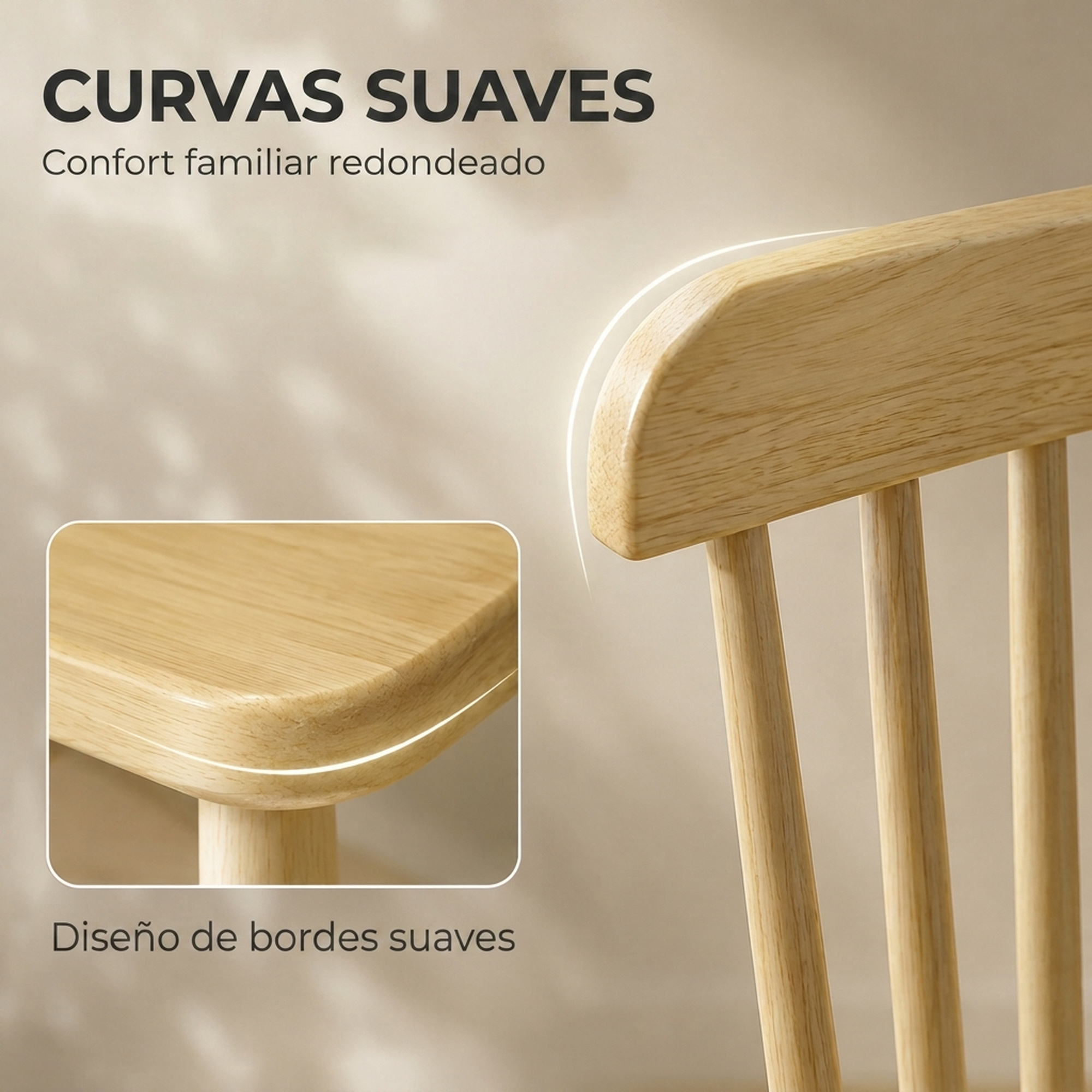 Primer plano de una silla de madera clara con bordes suaves y curvos.
