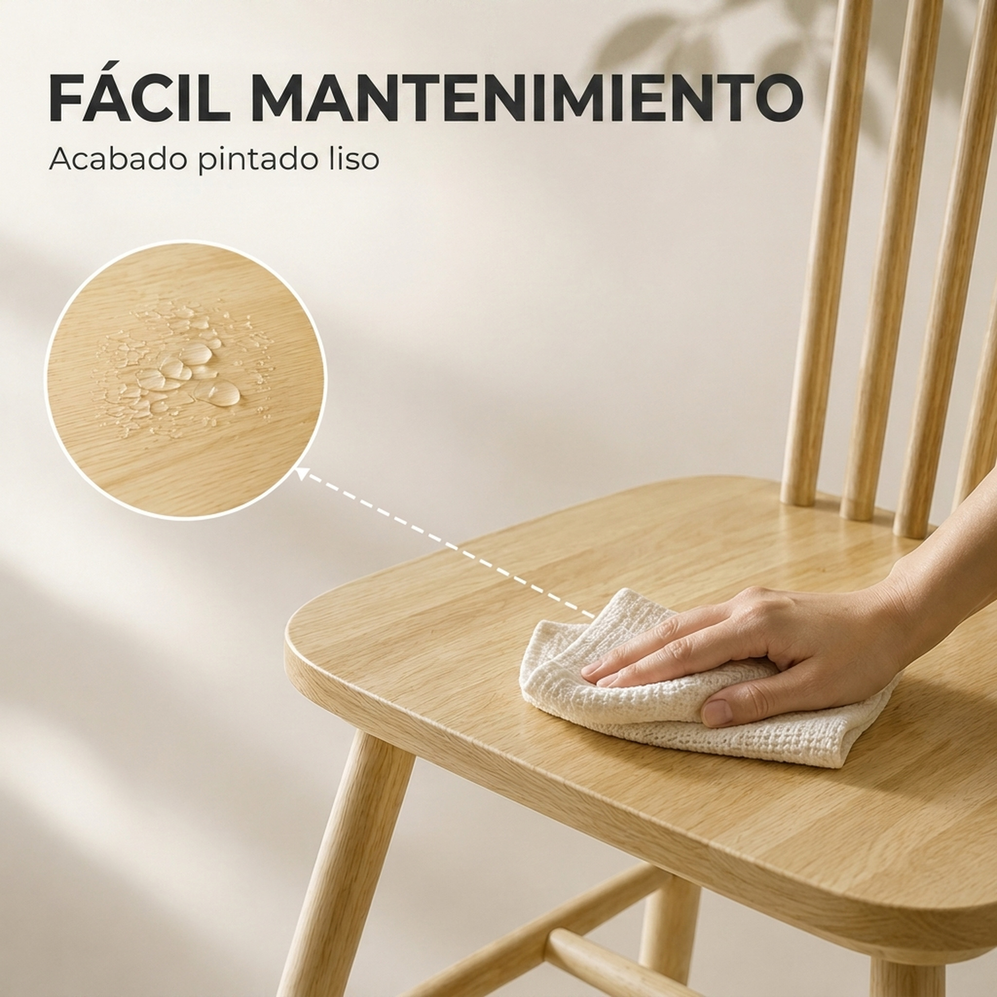 Mano limpia silla de madera con paño; círculo muestra superficie repelente.