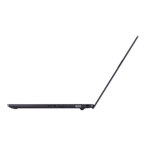 Vista laterale di un laptop scuro che mostra le porte sul lato, su sfondo bianco.