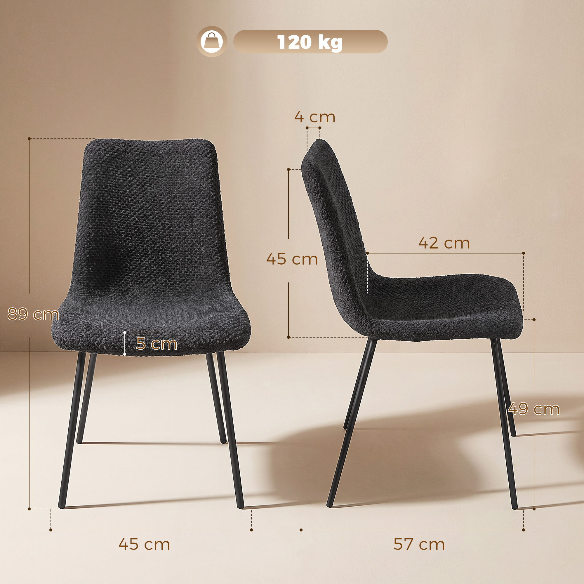 Vistas frontal y lateral de una silla negra con patas de metal, mostrando dimensiones y capacidad de 120 kg.