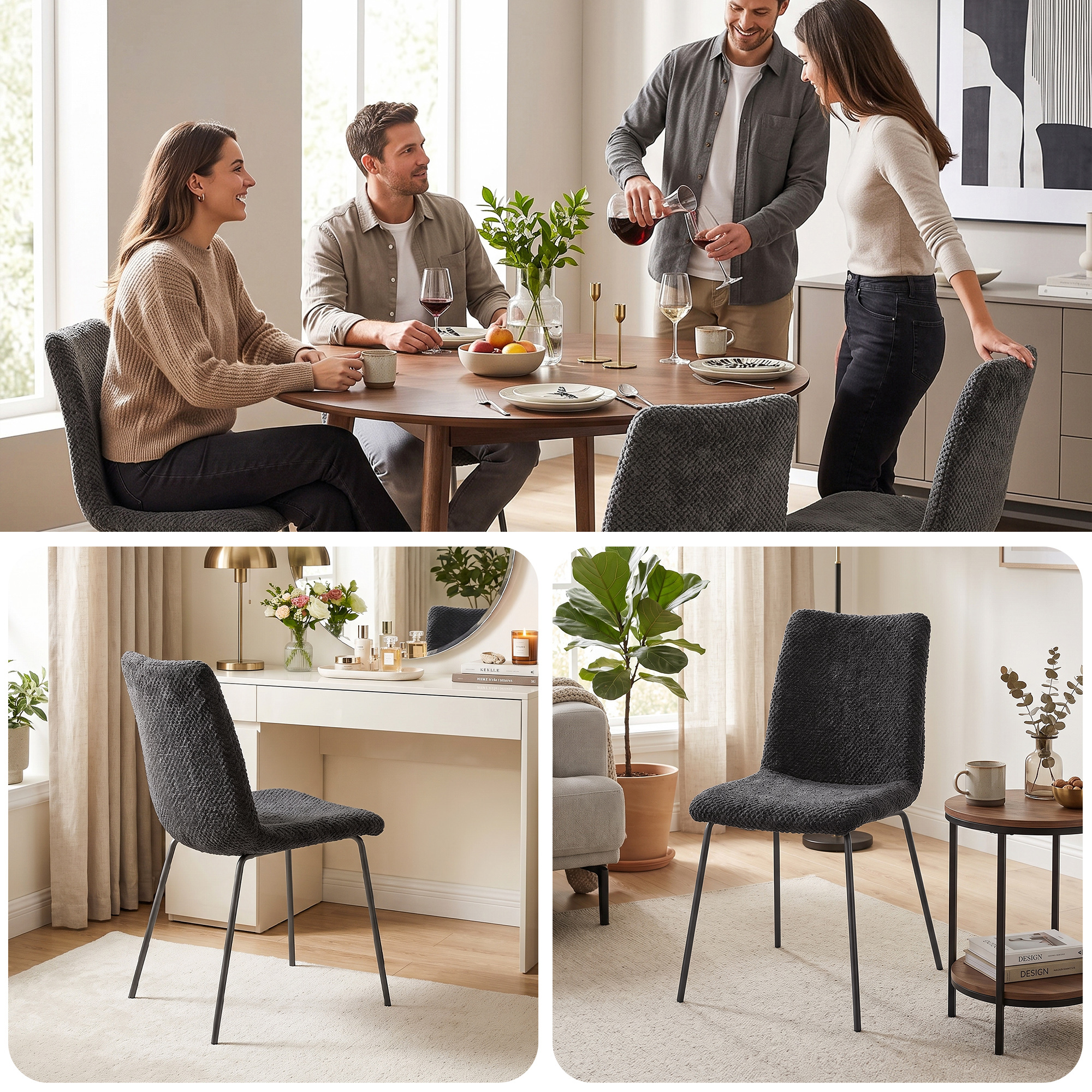Una silla gris oscuro con patas de metal negro en un comedor, tocador y sala de estar.