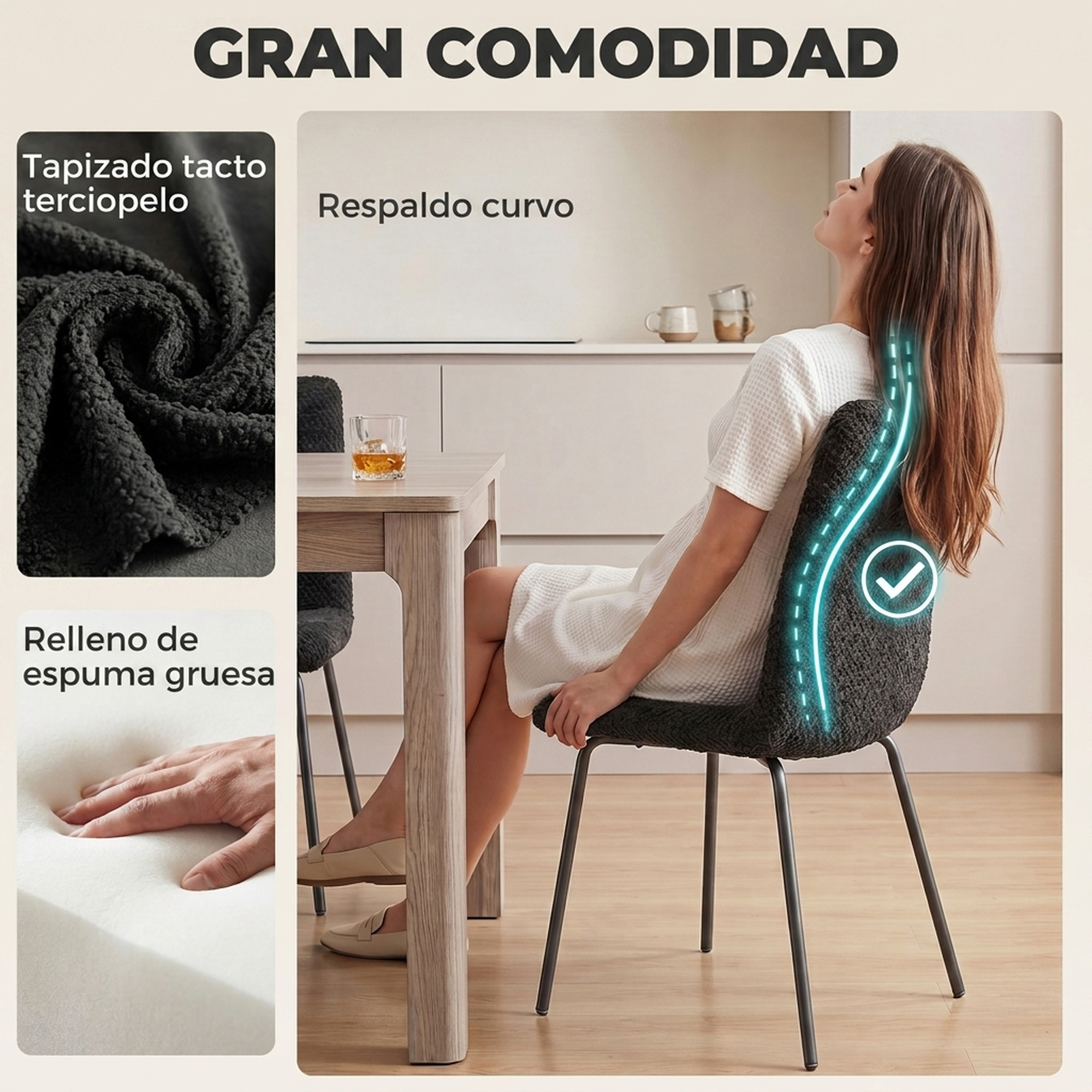 Una mujer se relaja en una silla de comedor acolchada con tejido de terciopelo y respaldo curvo.