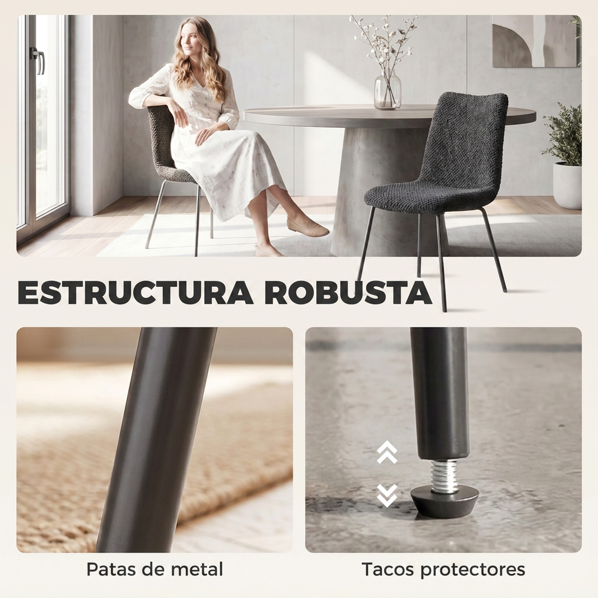 Comedor con sillas grises texturizadas, patas de metal, niveladores y una mujer sentada al fondo.
