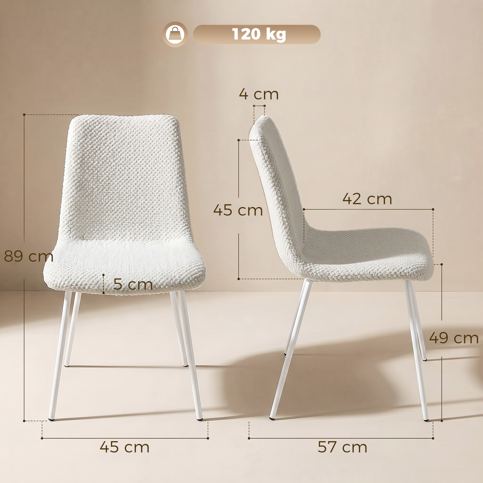 Silla blanca y felpuda con patas blancas, medidas en centímetros y límite de peso de 120 kg.
