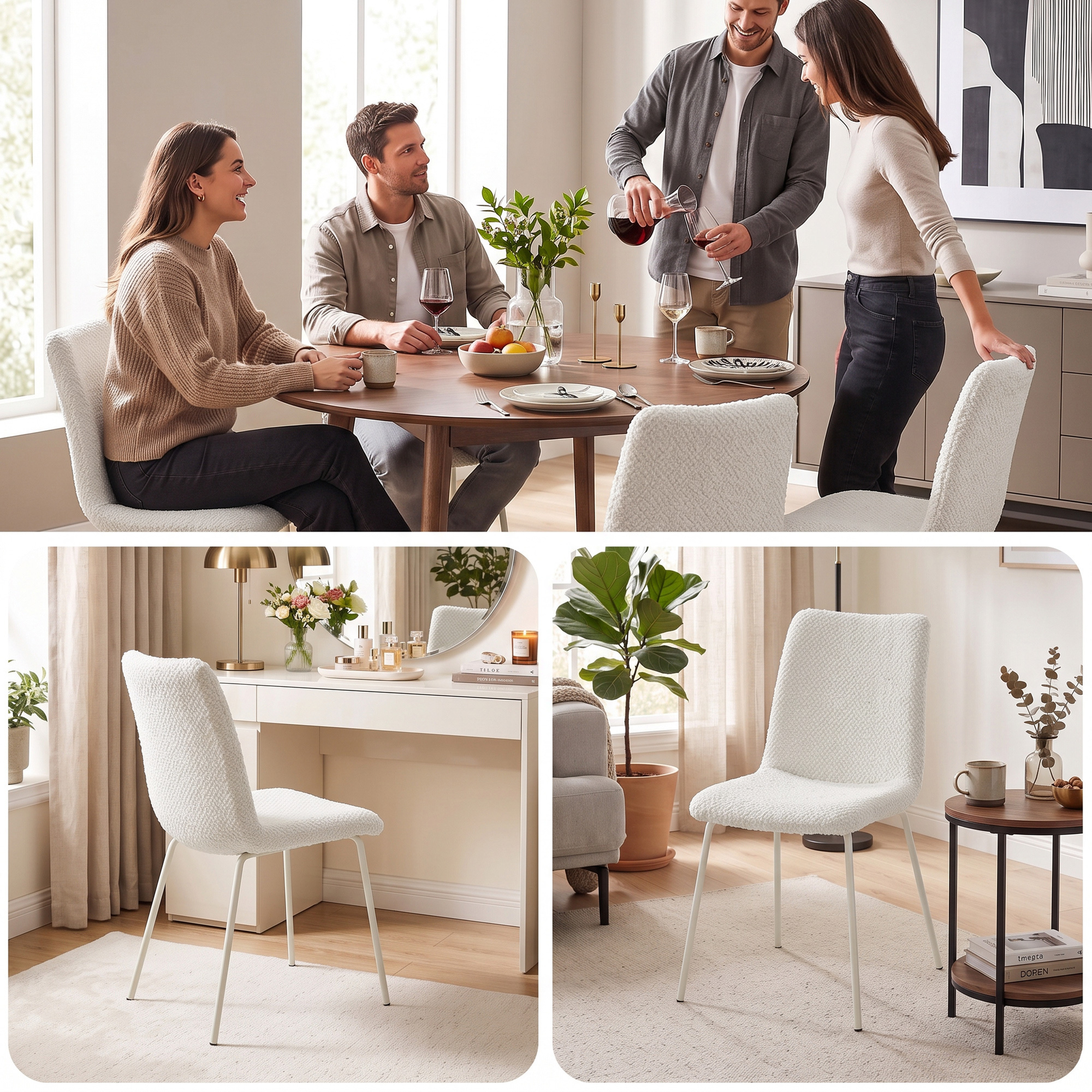 Cuatro personas se sientan y se ponen de pie en una mesa de comedor de madera, y sillas de borreguito se ven en varios espacios.
