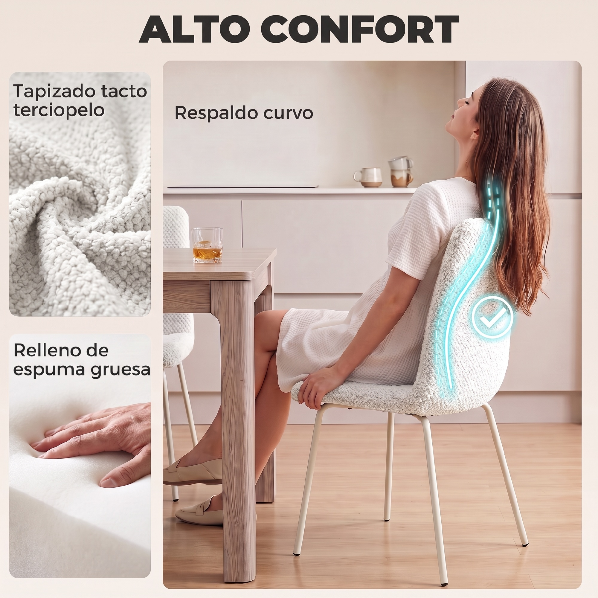 Mujer se relaja en silla blanca de respaldo curvo, mostrando textura de tela y acolchado de espuma en recuadros.