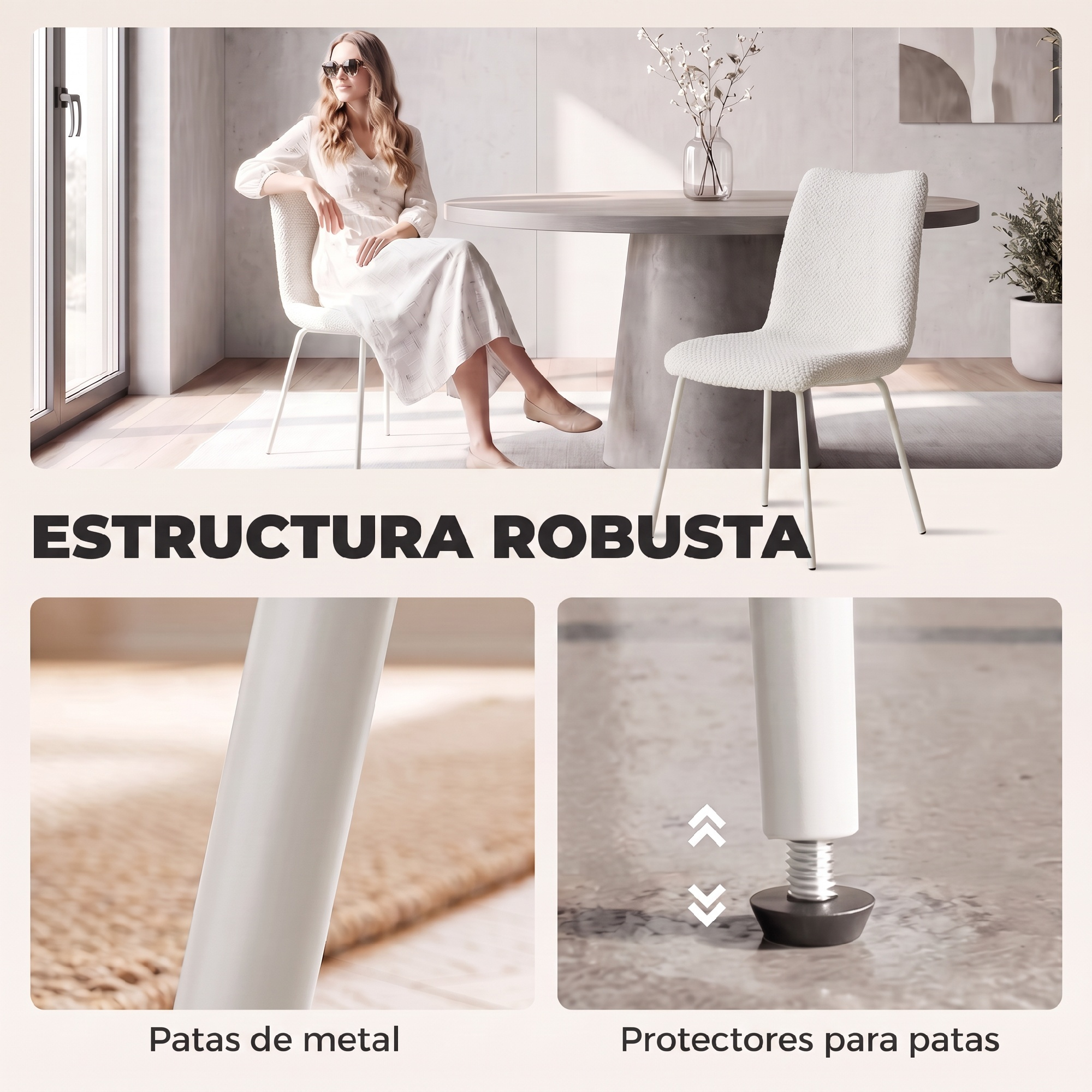 Silla con patas de metal y protectores ajustables en un comedor moderno.