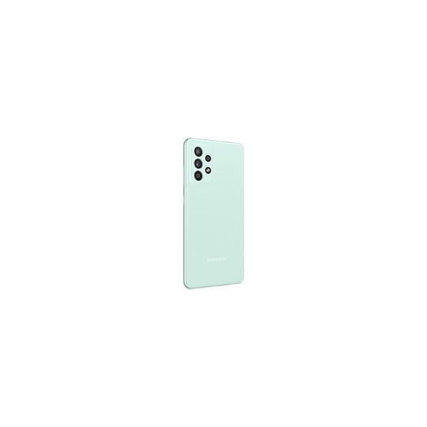 A light green Samsung smartphone shown from the back with a quad camera.