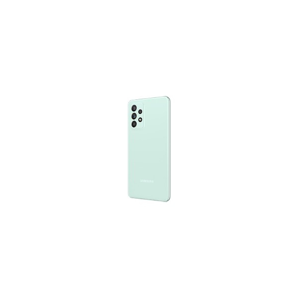 Back of a mint green Samsung smartphone with a quad-camera setup.