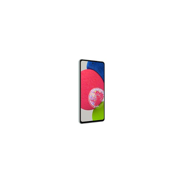 A sleek smartphone displaying a colorful abstract wallpaper with red, blue, and green shapes against a white background.