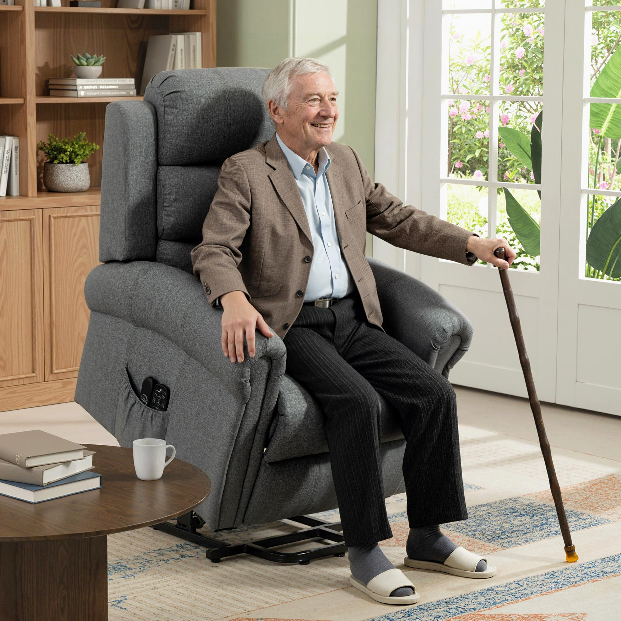 Un anciano con traje está sentado en un sillón gris con un bastón.