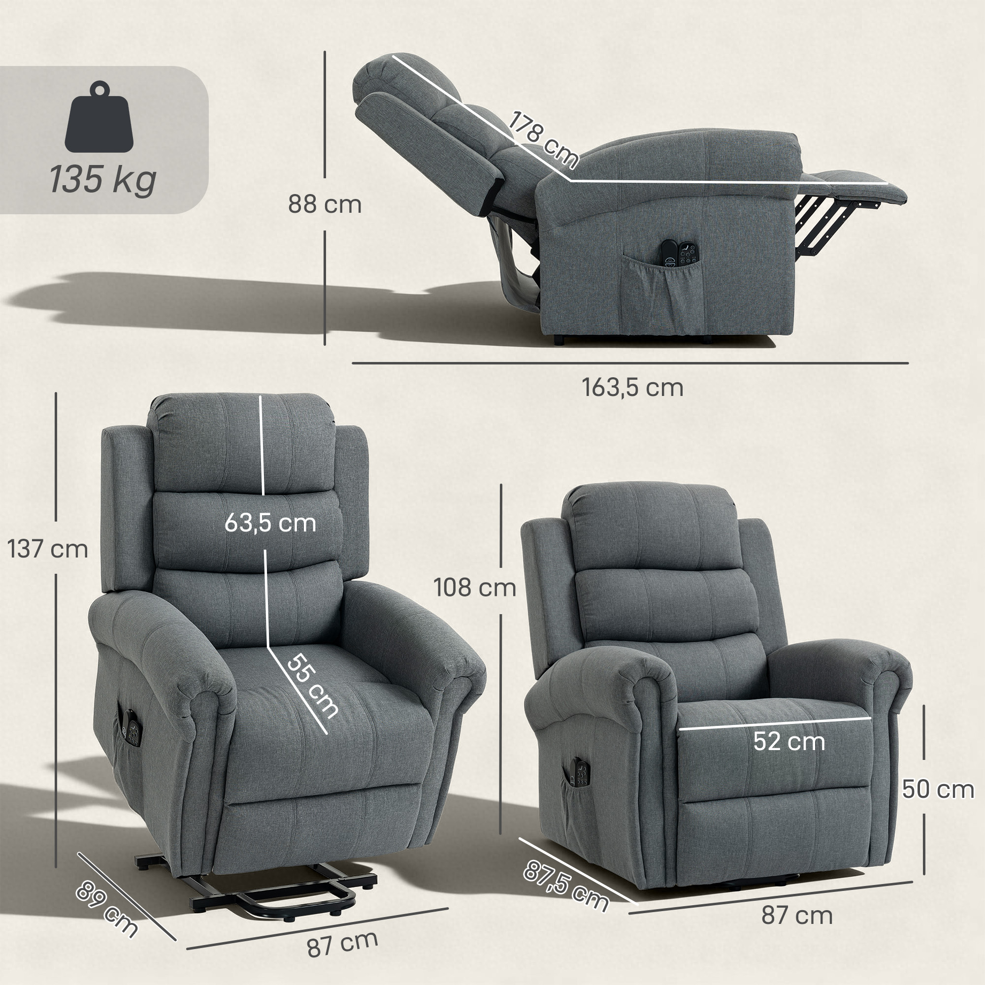 Sillón reclinable gris en varias vistas con dimensiones y carga máxima de 135 kg.