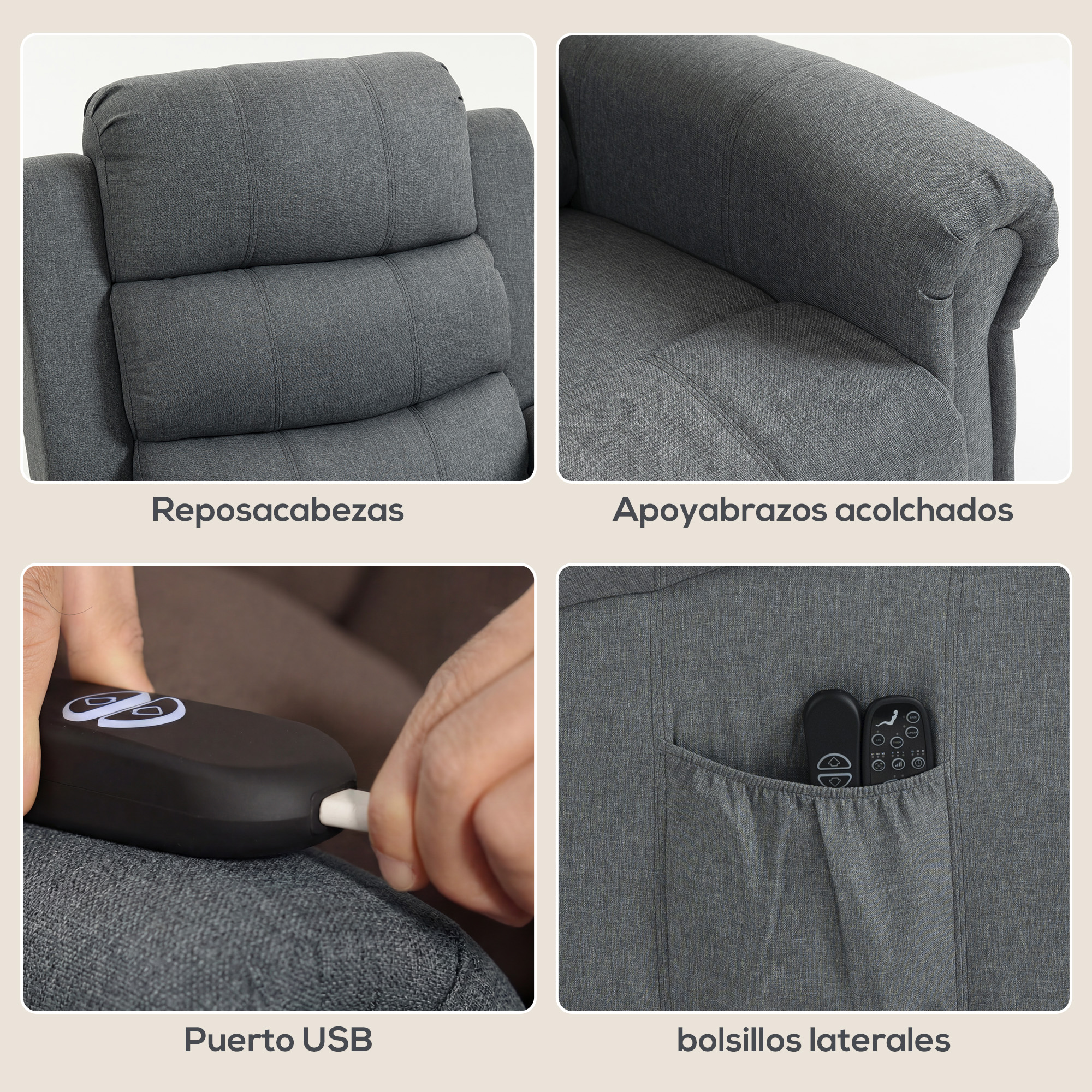 Imagen de cuatro partes de un sillón gris que muestra reposacabezas, reposabrazos, puerto USB y bolsillo.