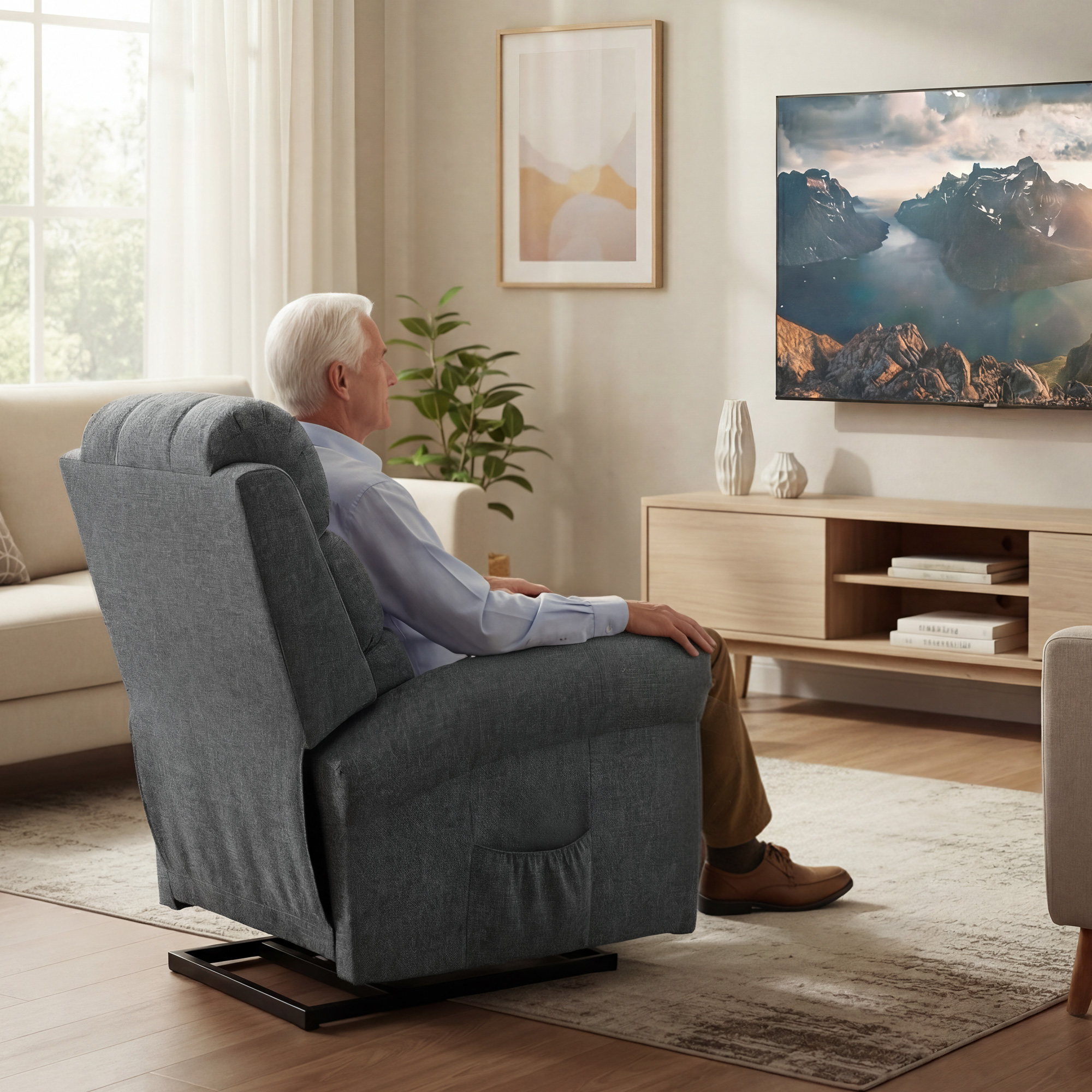 Un anciano con cabello blanco se sienta en un sillón gris y mira televisión.