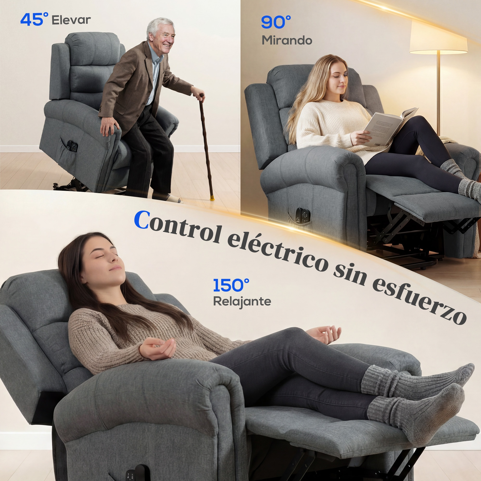 Un hombre y una mujer usan un sillón reclinable eléctrico en varias posiciones con texto.