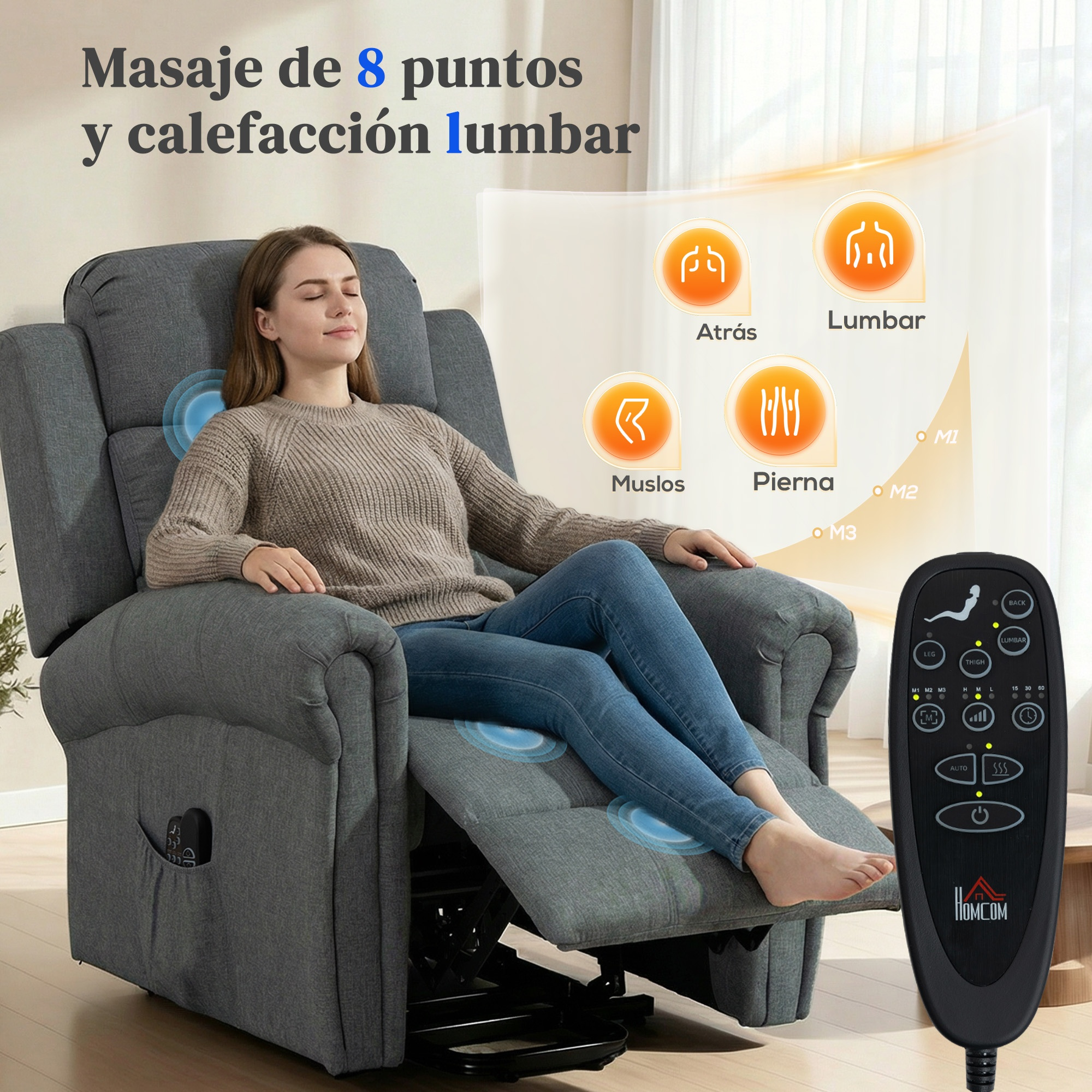 Una mujer se relaja en un sillón de masajes gris con control remoto, mostrando zonas de masaje de espalda, lumbar, muslos y piernas.