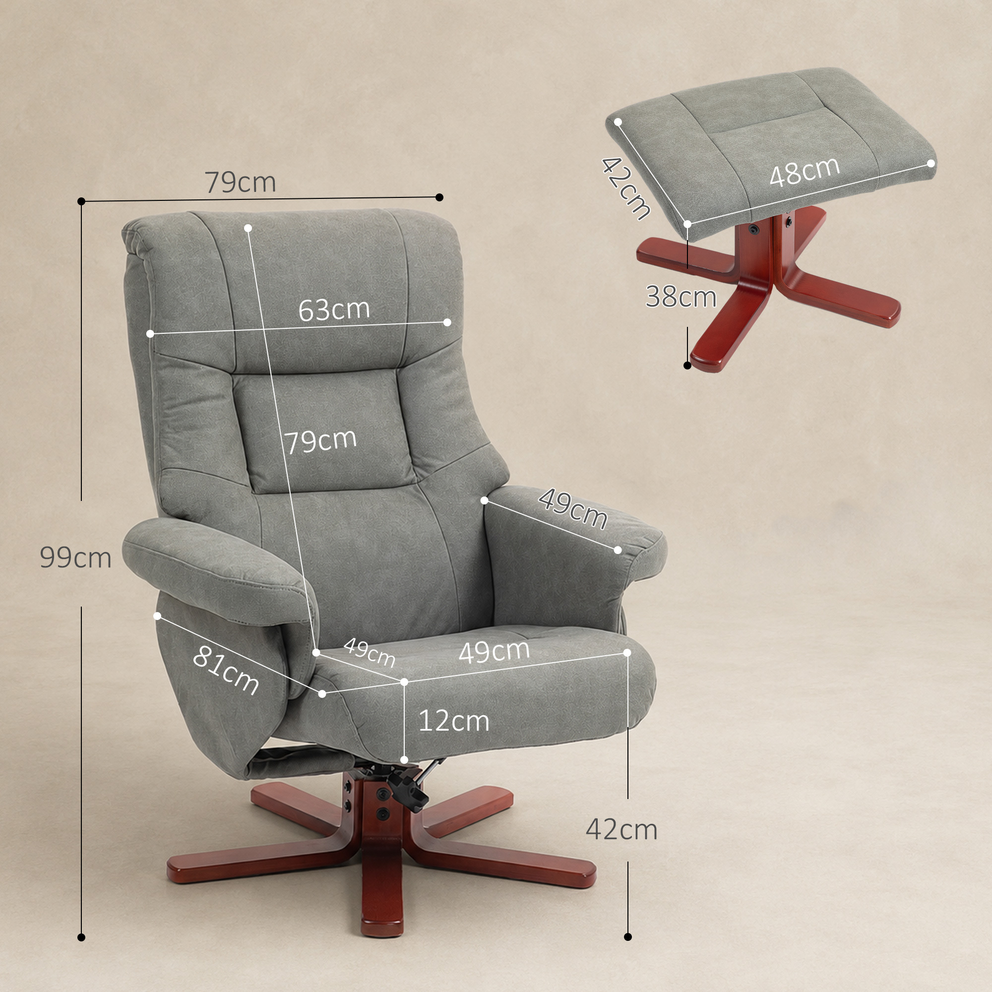 Sillón gris y reposapiés a juego con bases de madera, con líneas de cotas.