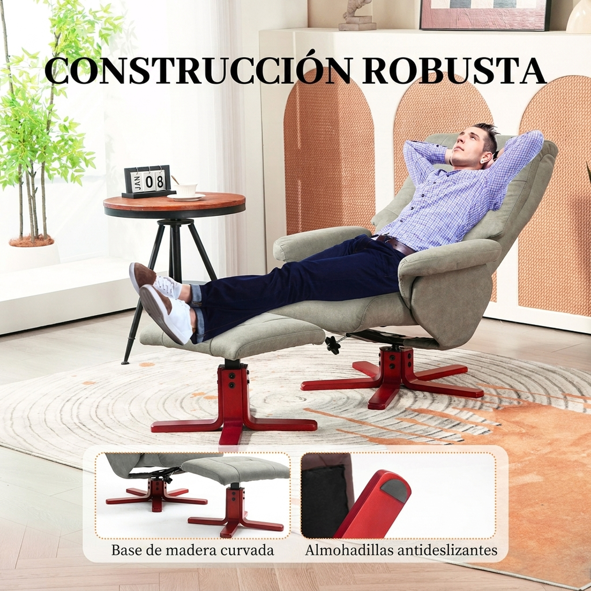 Un hombre se relaja en un sillón gris claro con reposapiés en una sala de estar moderna y luminosa.