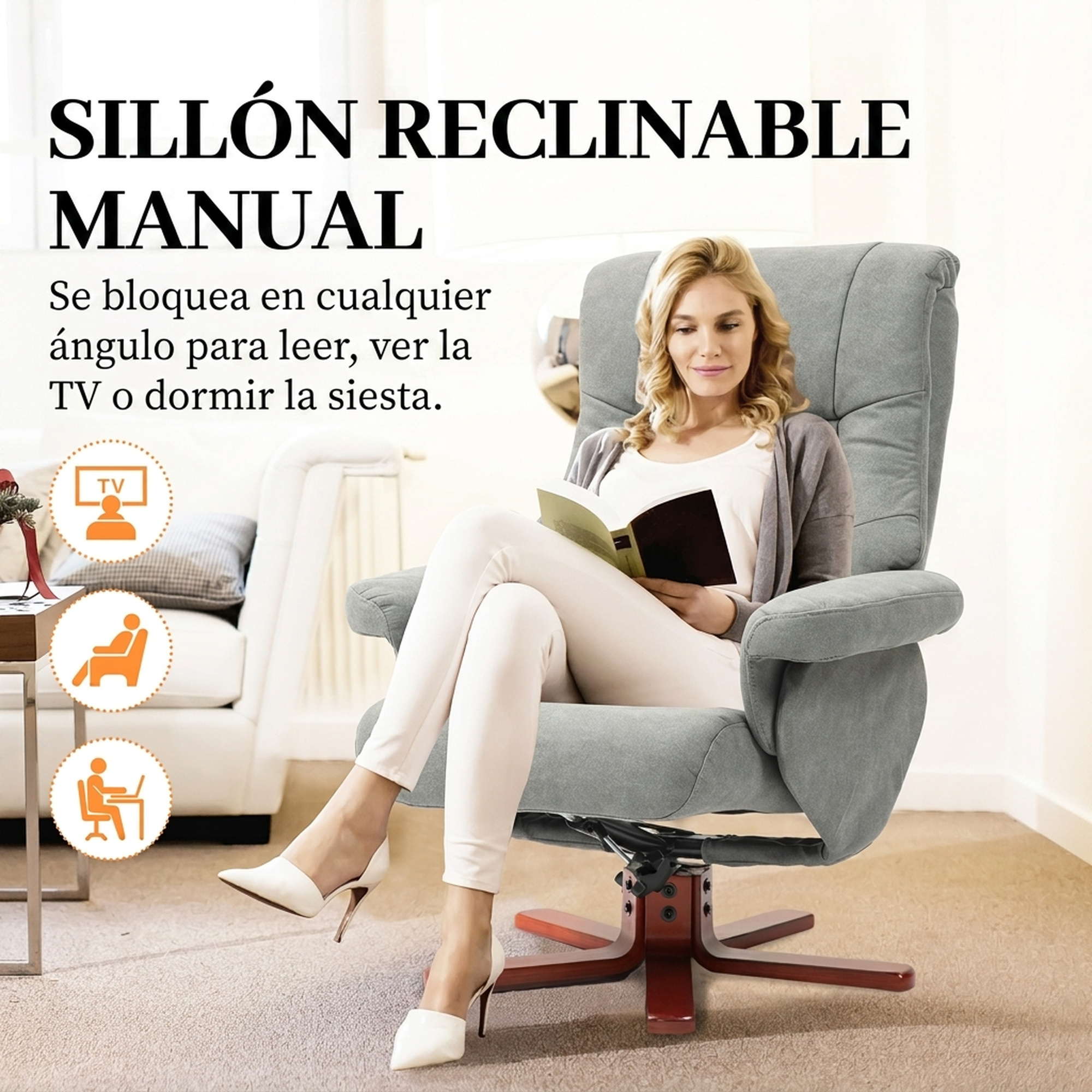 Una mujer rubia lee un libro sentada en un sillón reclinable gris.