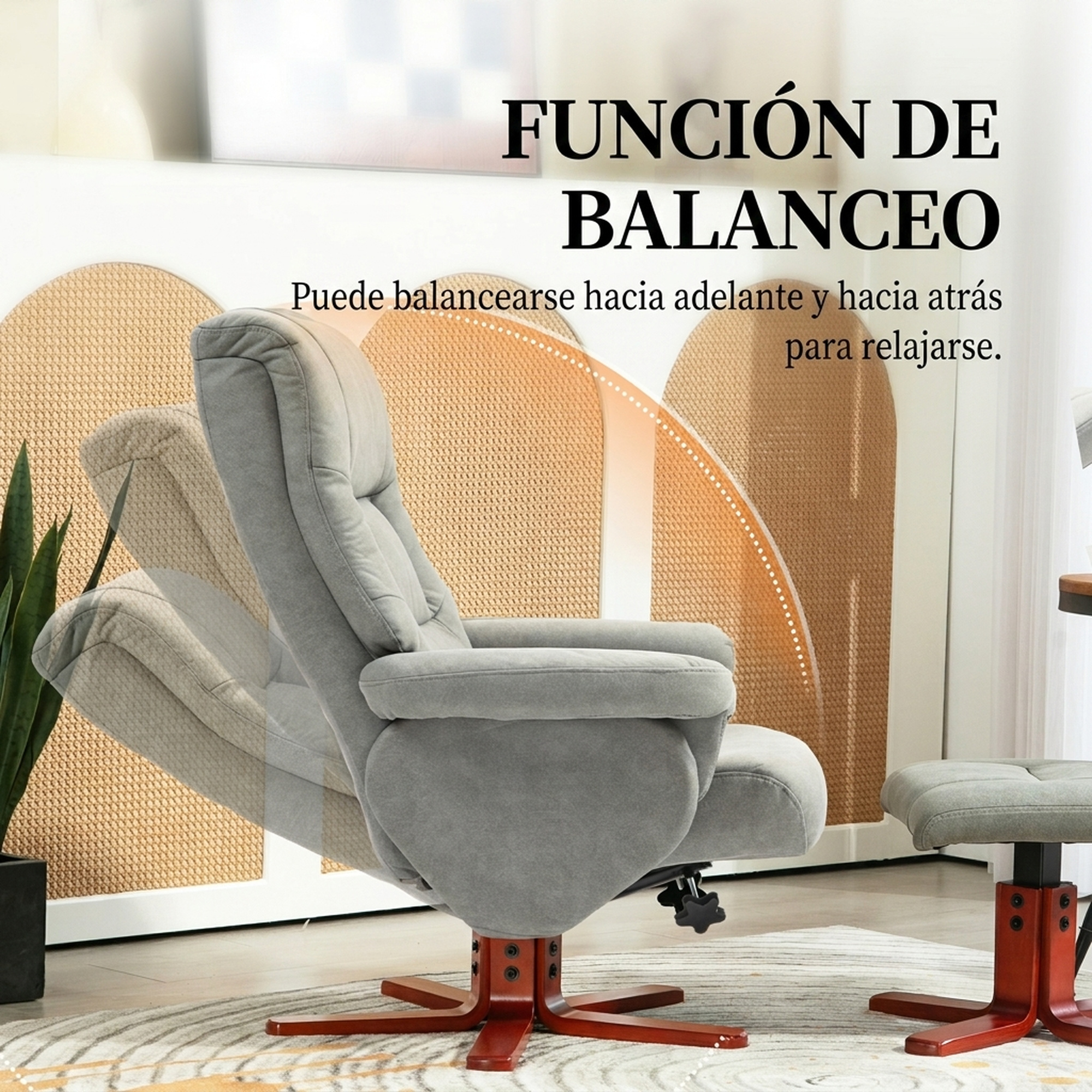 Sillón mecedora gris con base de madera en una habitación luminosa, con texto.
