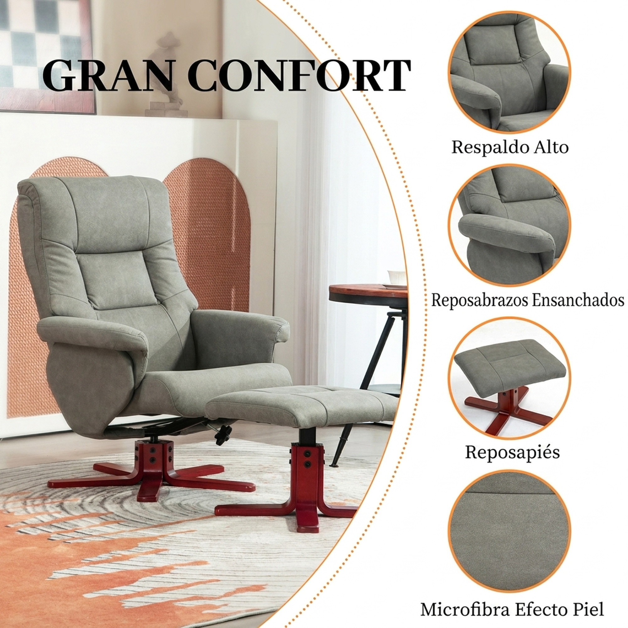 Sillón reclinable gris efecto piel con reposapiés y base de madera, mostrando respaldo alto y reposabrazos.