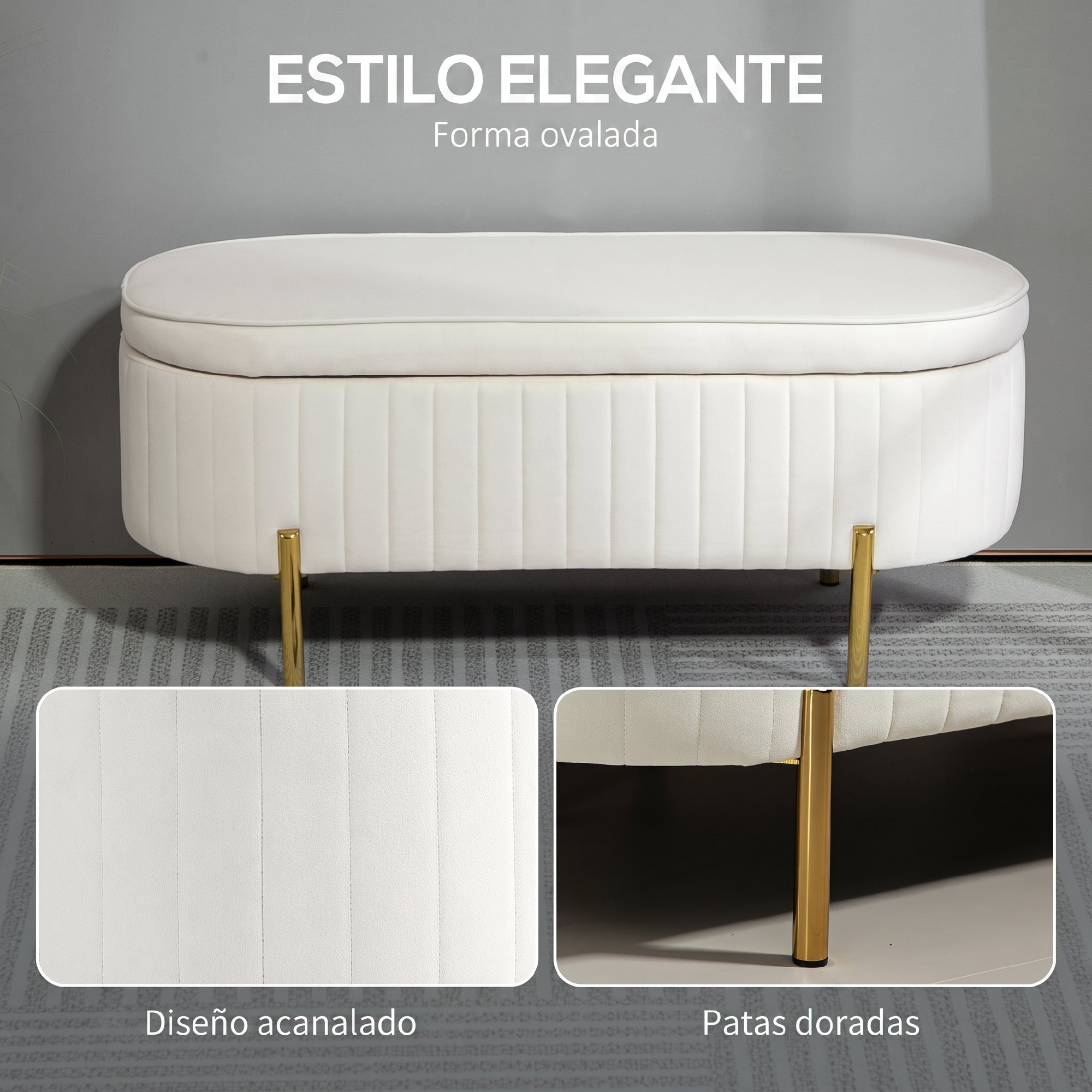 Banco ovalado blanco tapizado con costuras verticales y patas doradas, con detalles en primer plano.