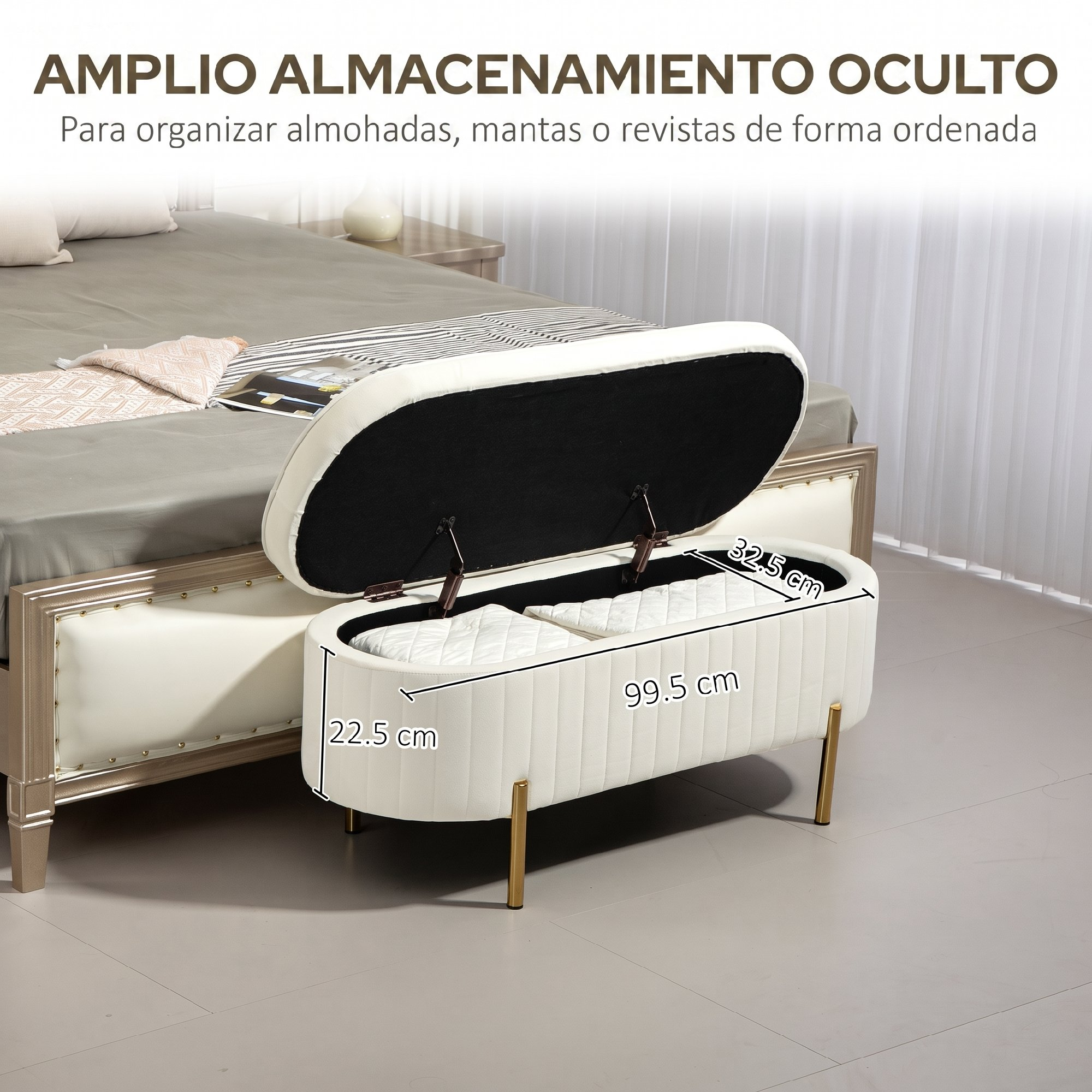 Banco de almacenamiento copetudo blanco a los pies de una cama, con texto superpuesto con dimensiones.