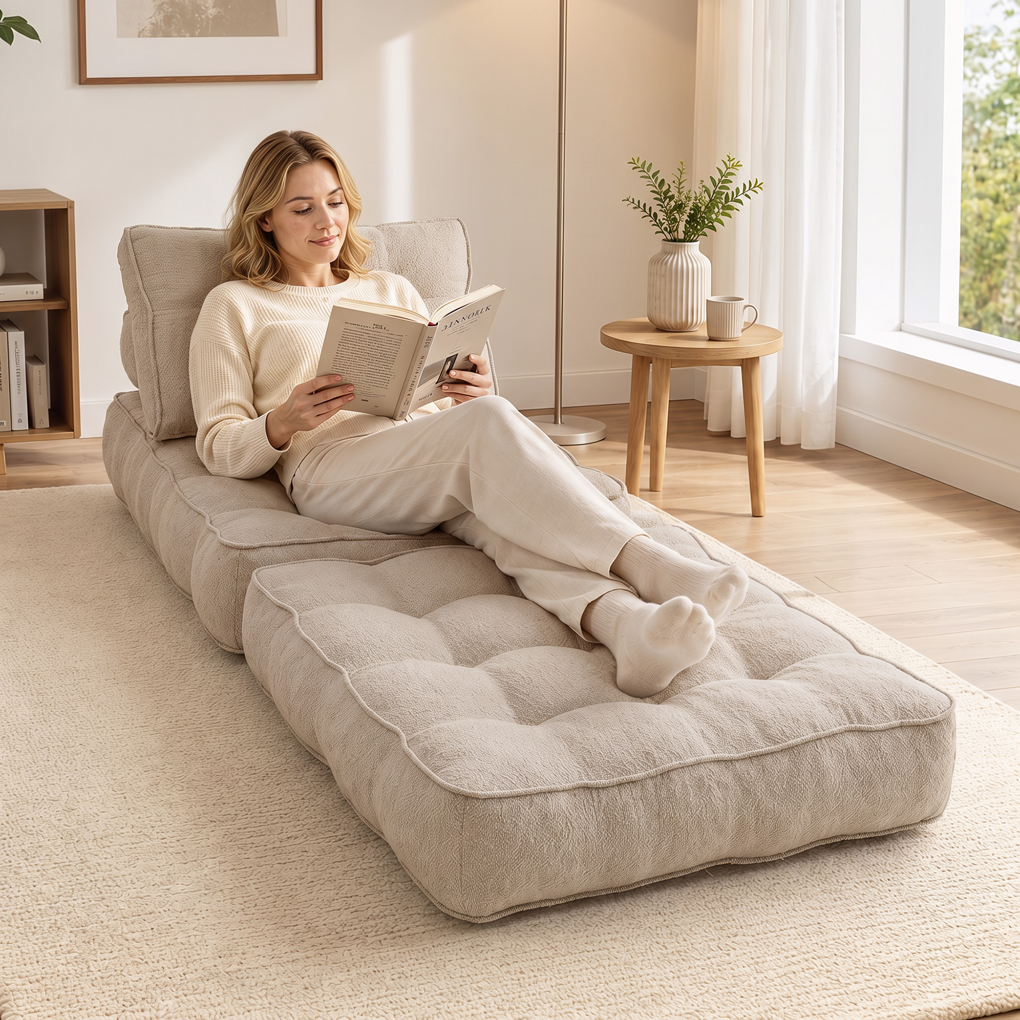 Una mujer rubia con ropa blanca lee un libro en un sofá de suelo beige.