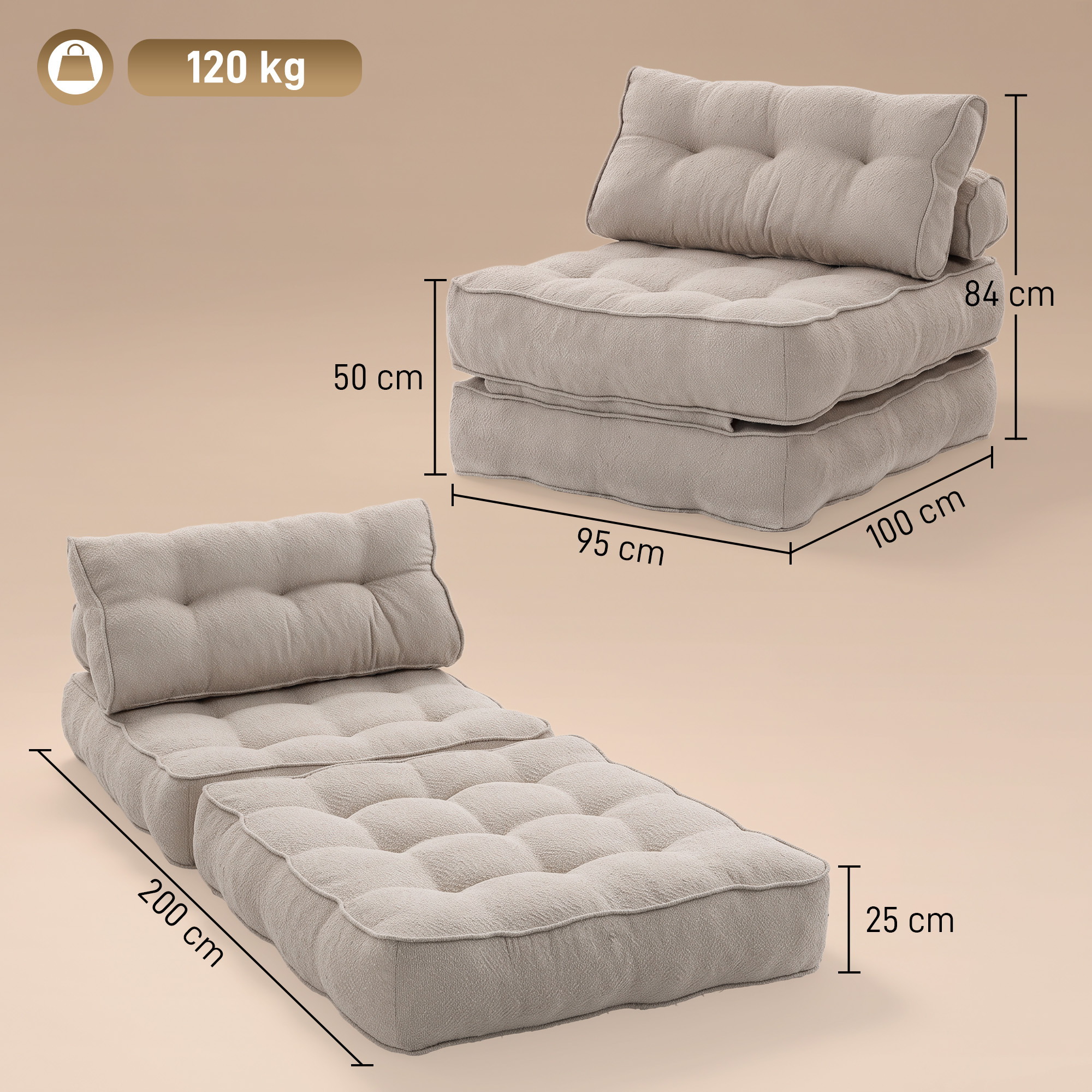 Cojín de suelo plegable beige con dimensiones y capacidad de peso.