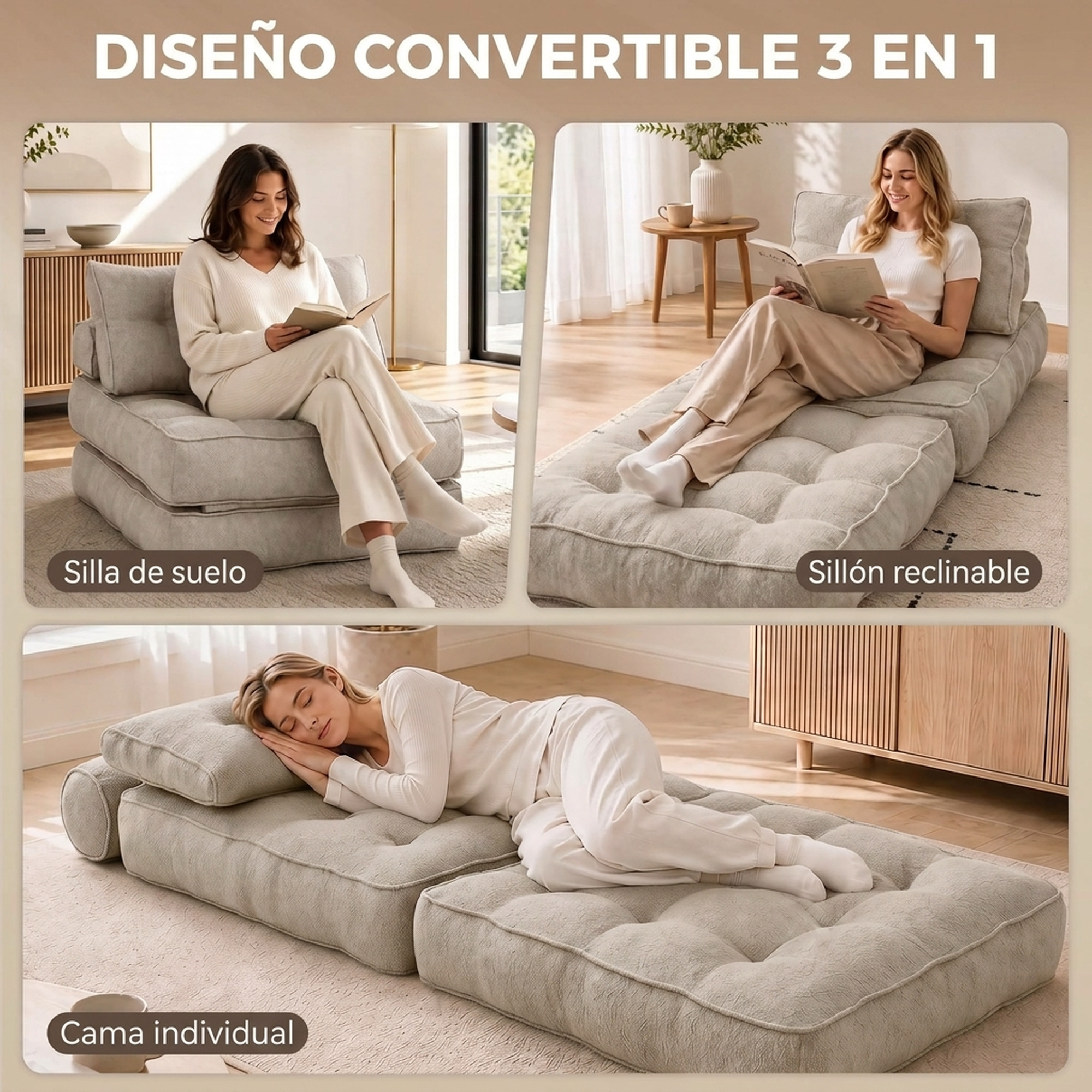Una mujer demuestra un sofá de suelo 3 en 1 convertible, reclinable y cama individual.