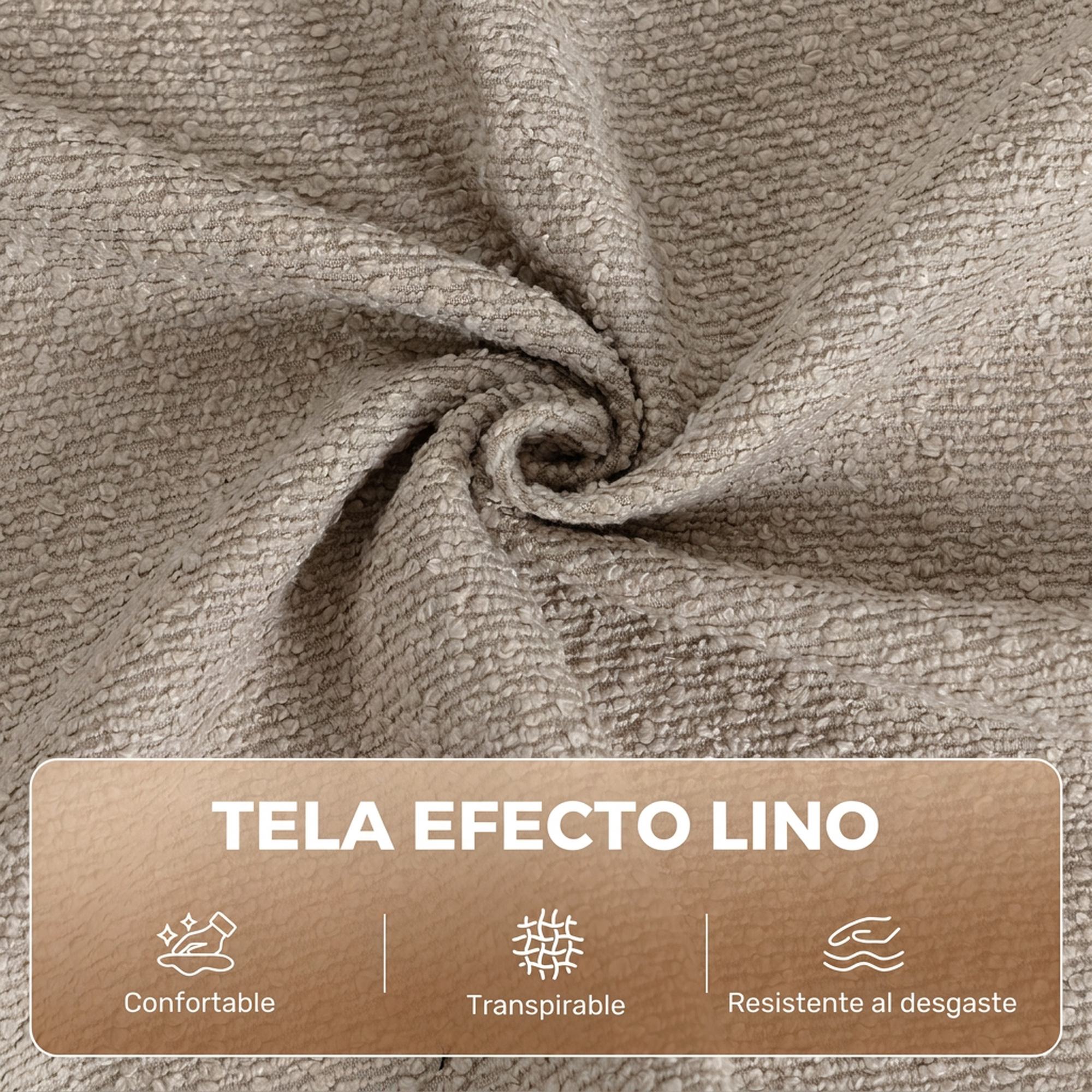 Muestra de tela beige con efecto lino texturizado e iconos de confort, transpirabilidad y resistencia.