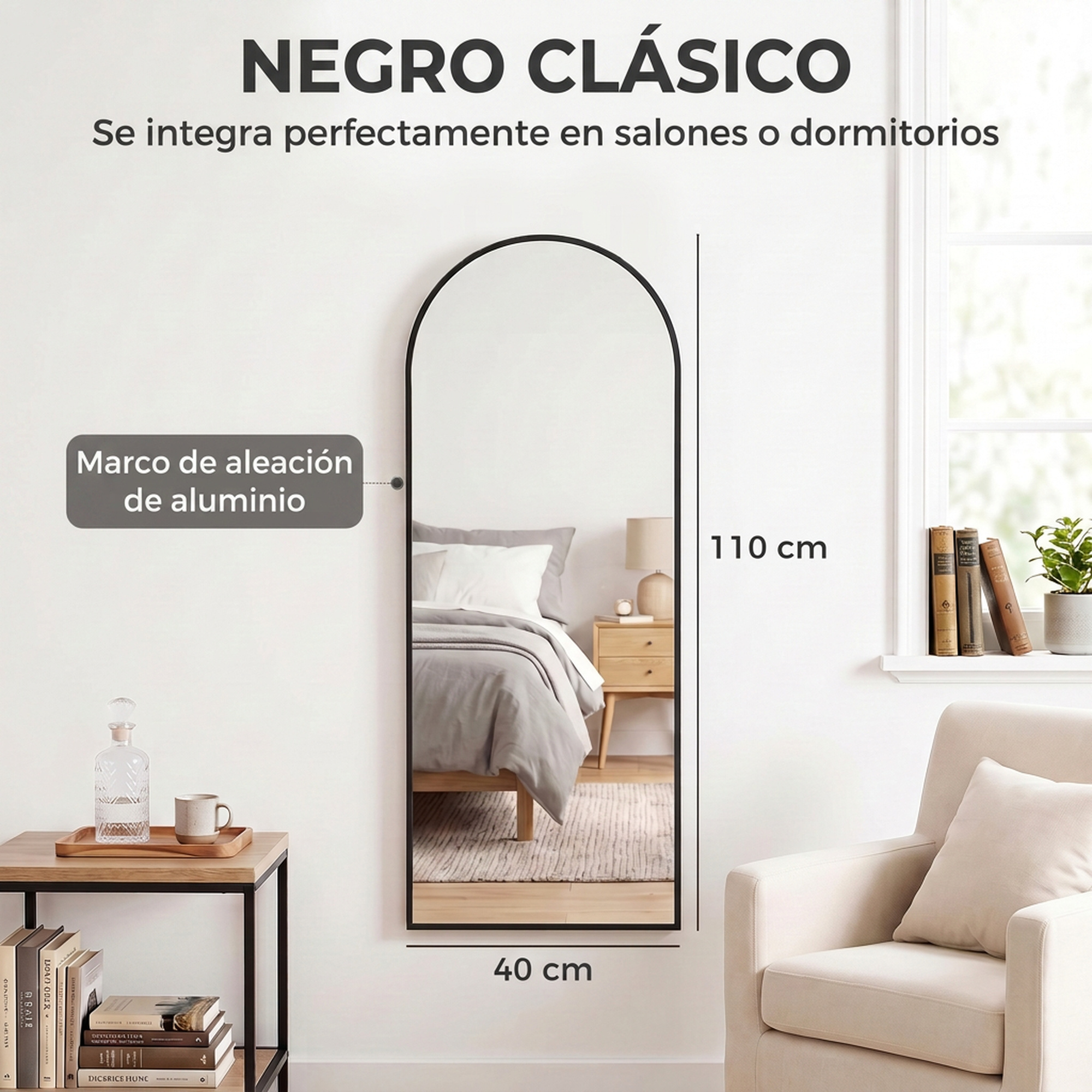 Espejo arqueado con marco de aluminio negro, de 110x40 cm, en un dormitorio.