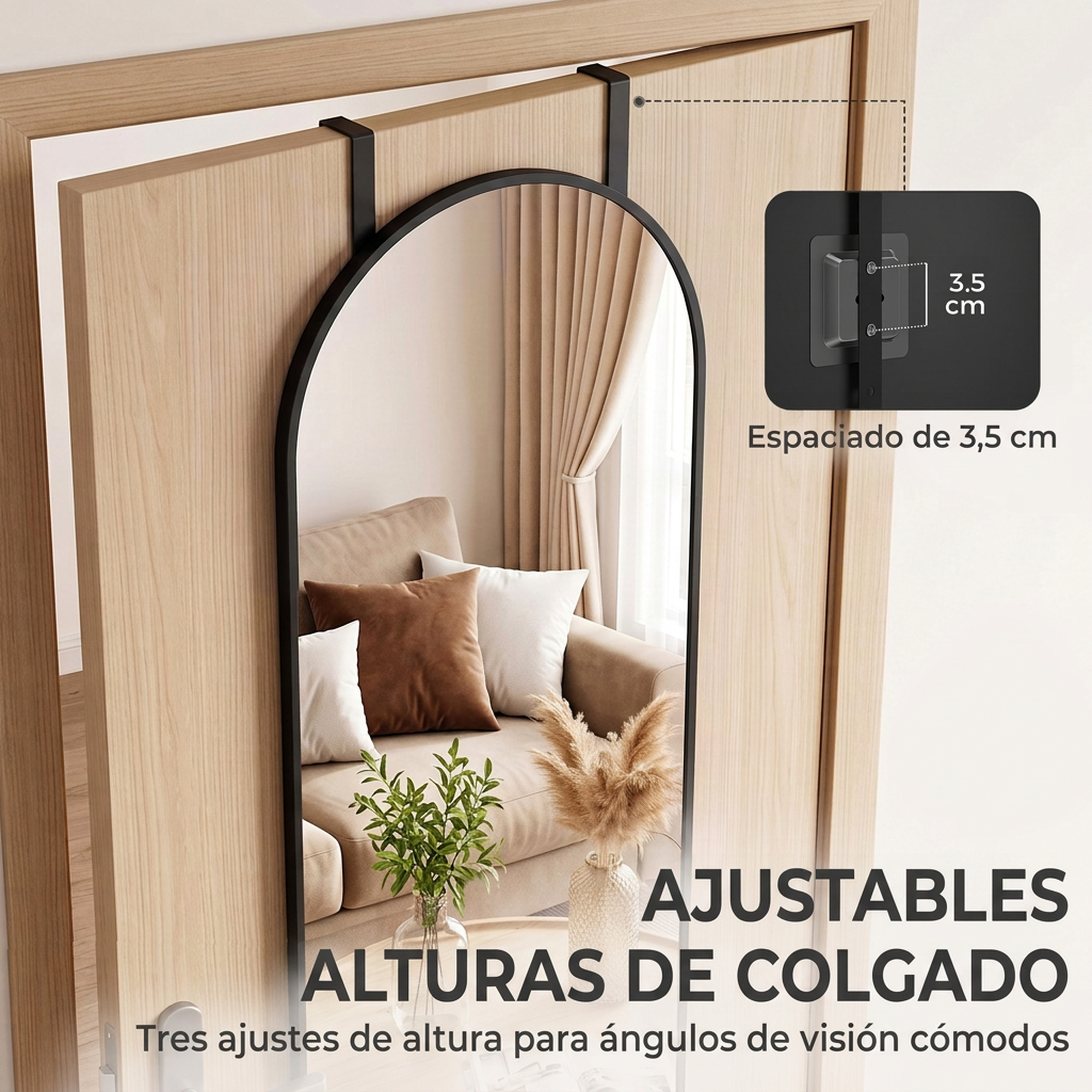 Espejo colgante arqueado en una puerta de madera con espaciado de 3,5 cm y altura ajustable.