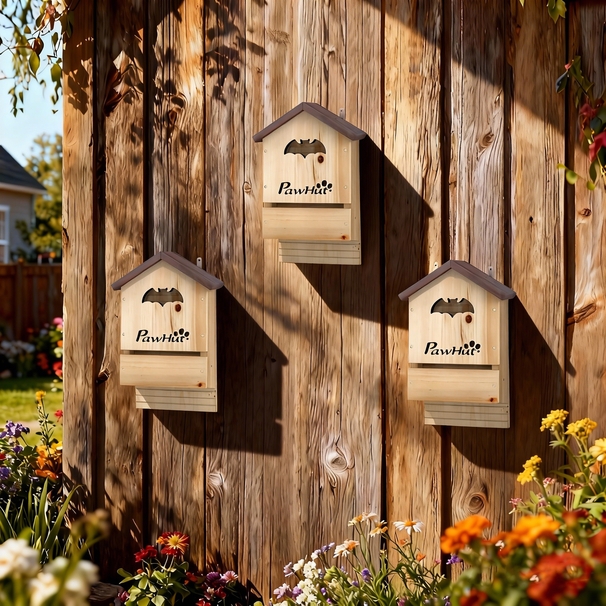 Tres casas de murciélagos de madera cuelgan de una pared de madera en un jardín con flores coloridas.