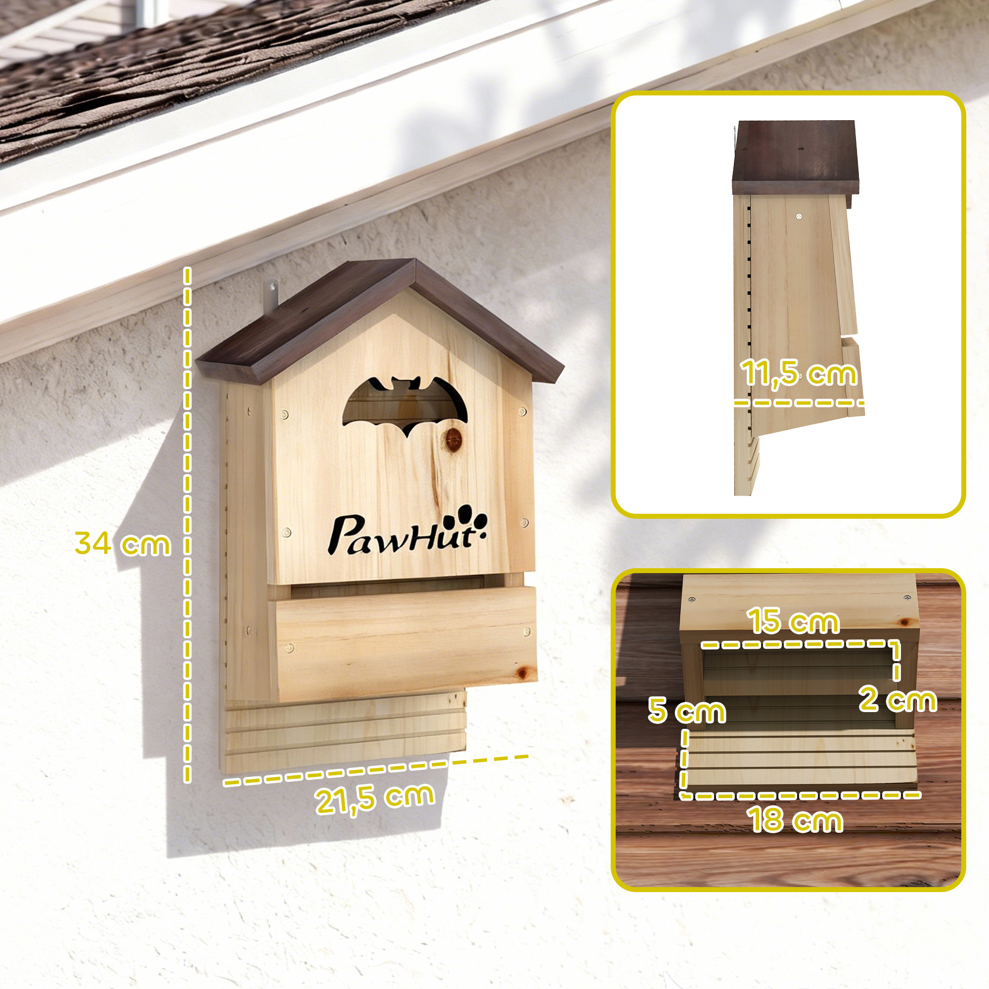 Refugio de murciélagos de madera con medidas, logotipo y dos vistas de detalle lateral y superior.