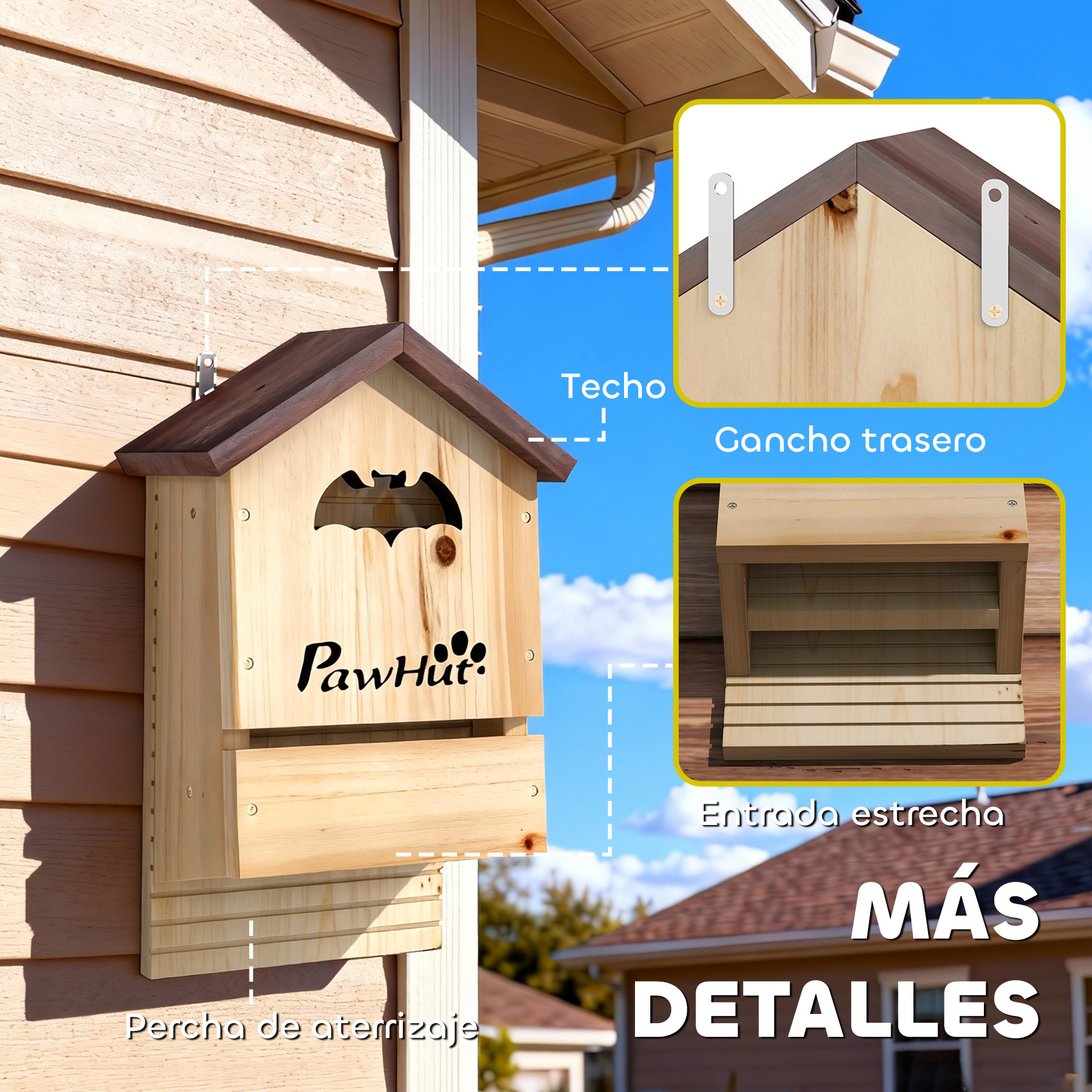 Casa de murciélagos de madera en la pared con detalles de ganchos traseros, techo y entrada estrecha.