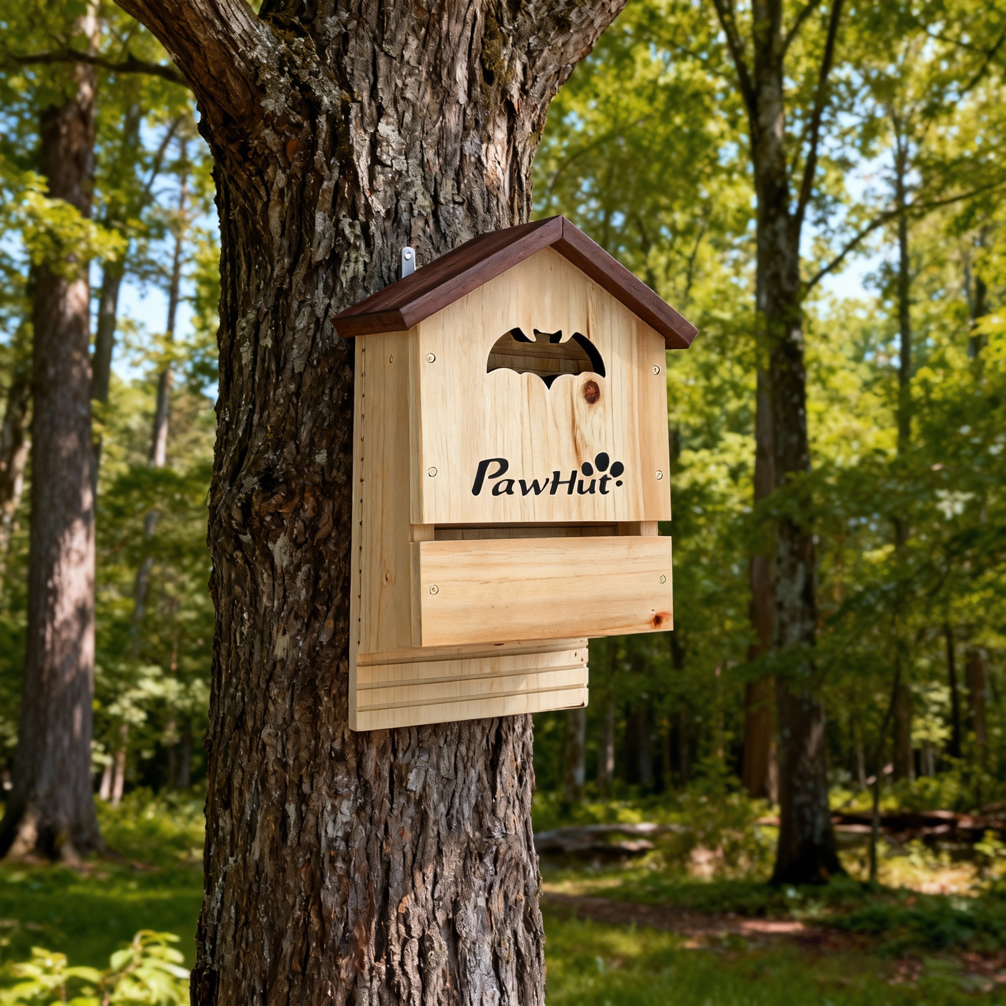 Una casa de murciélagos de madera con el logotipo de PawHut y entrada para murciélagos montada en un árbol.