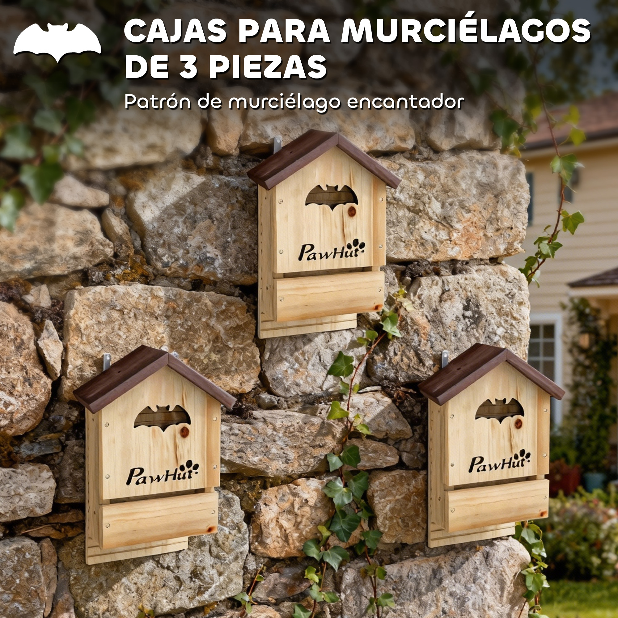 Tres cajas nido de madera para murciélagos con tejados marrones cuelgan en una pared de piedra.