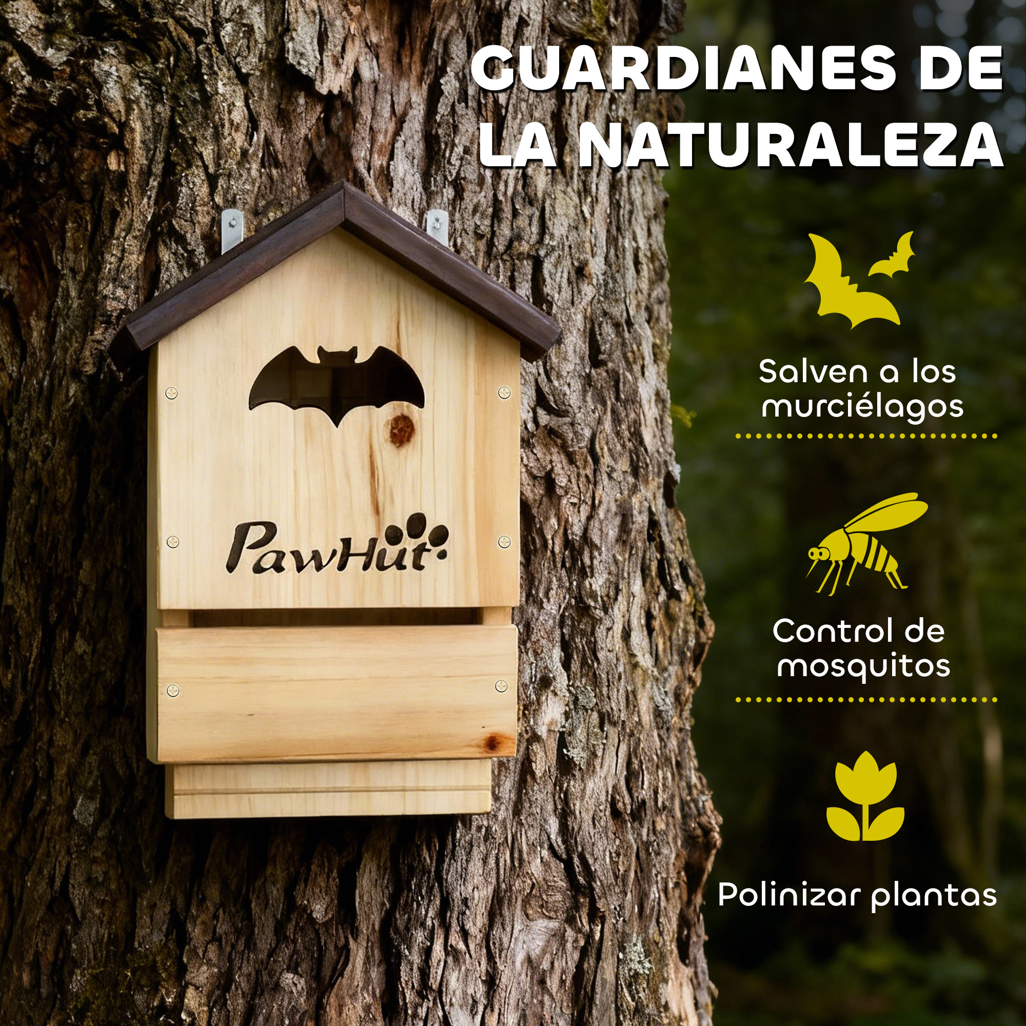 Una casa para murciélagos de madera en un árbol, con iconos de conservación de murciélagos, mosquitos y polinización.