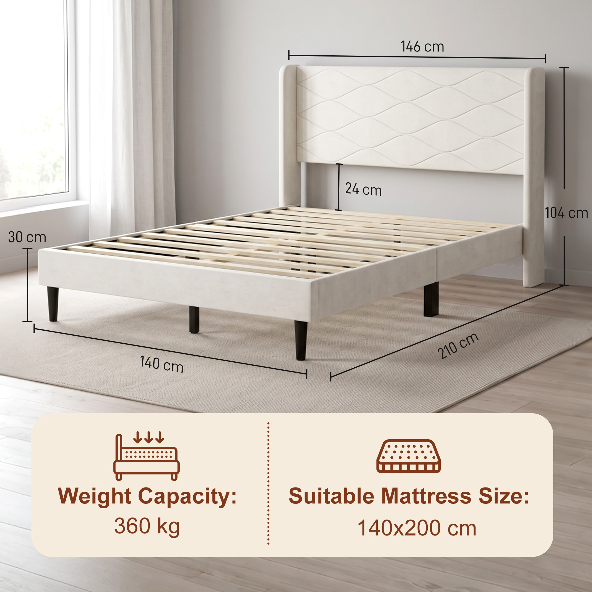 Cama tapizada beige con listones de madera, dimensiones, 360 kg de capacidad y colchón de 140x200 cm.