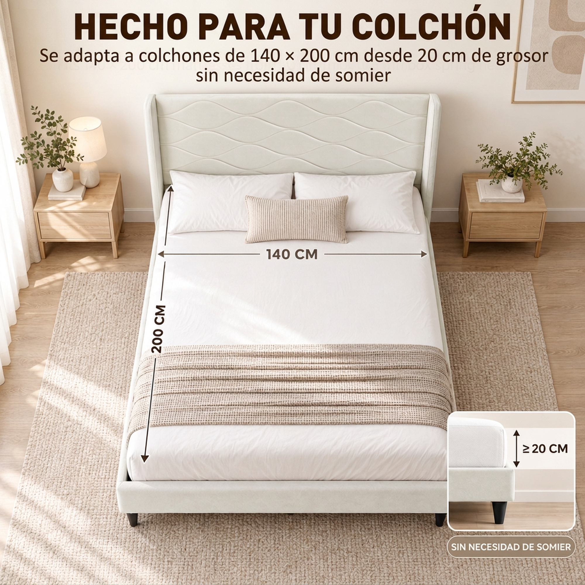 Cama clara, 140x200 cm, con mesitas, alfombra y medidas en un anuncio.