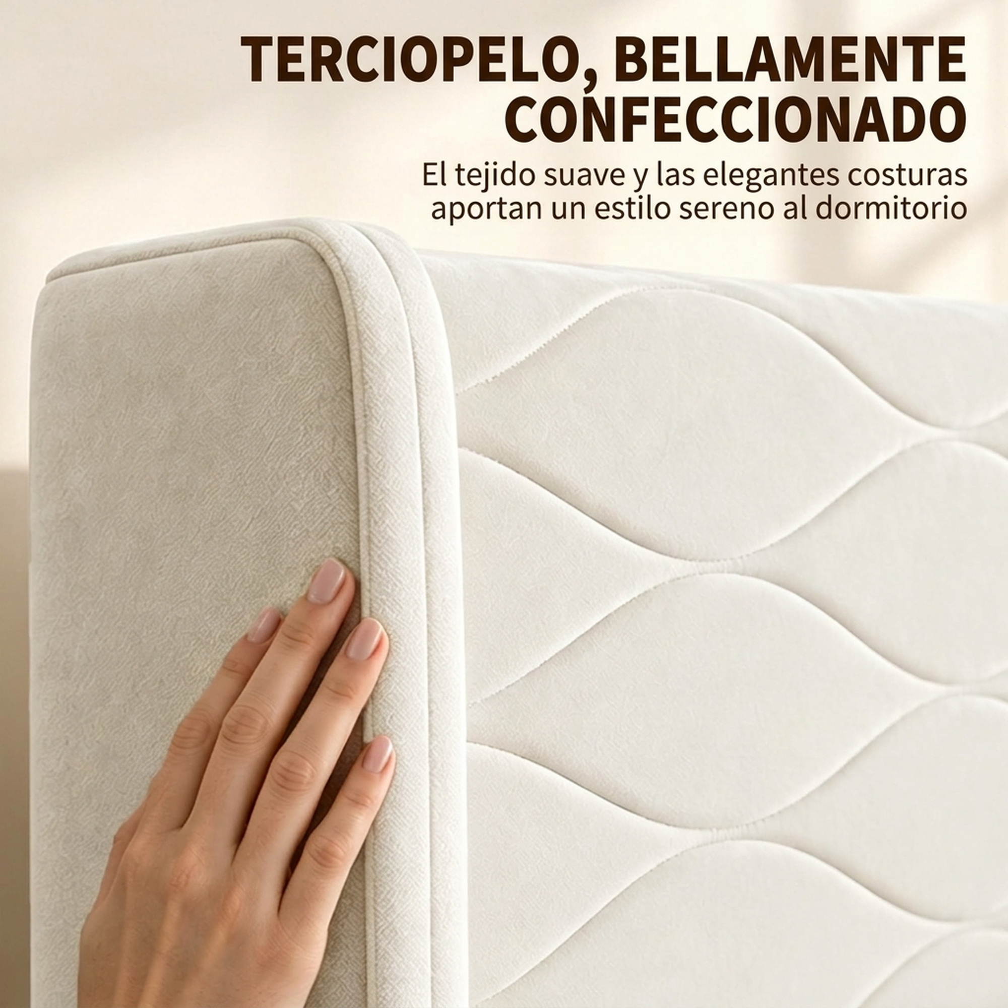 Una mano toca el suave y acolchado cabecero color crema con suaves ondas.