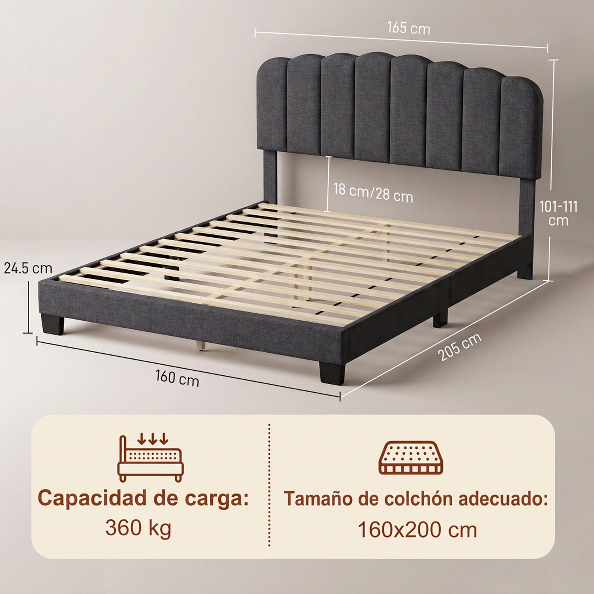 Cama tapizada en gris con listones de madera, mostrando dimensiones y capacidad.