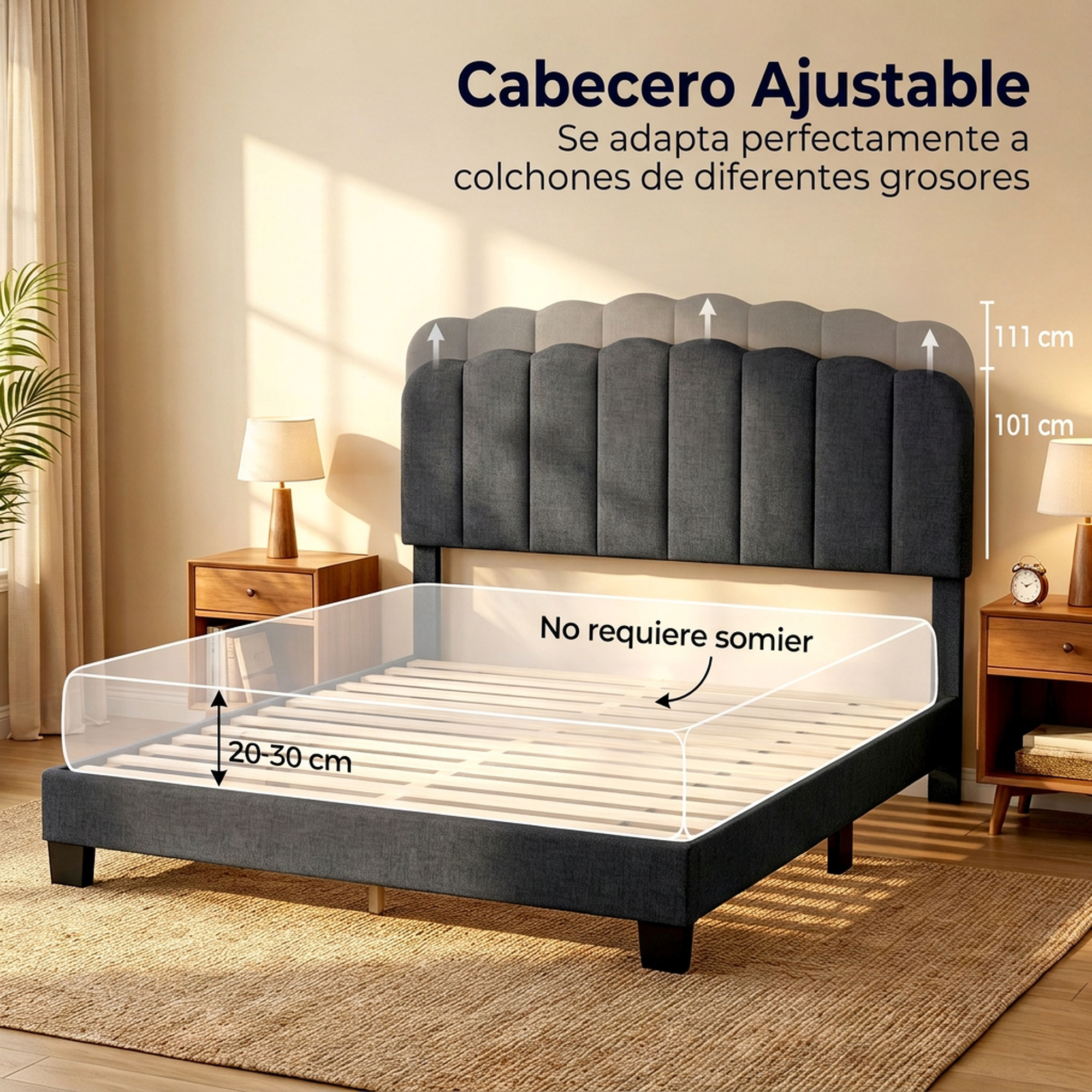 Cama gris con cabecero ajustable y lamas de madera sobre una alfombra.