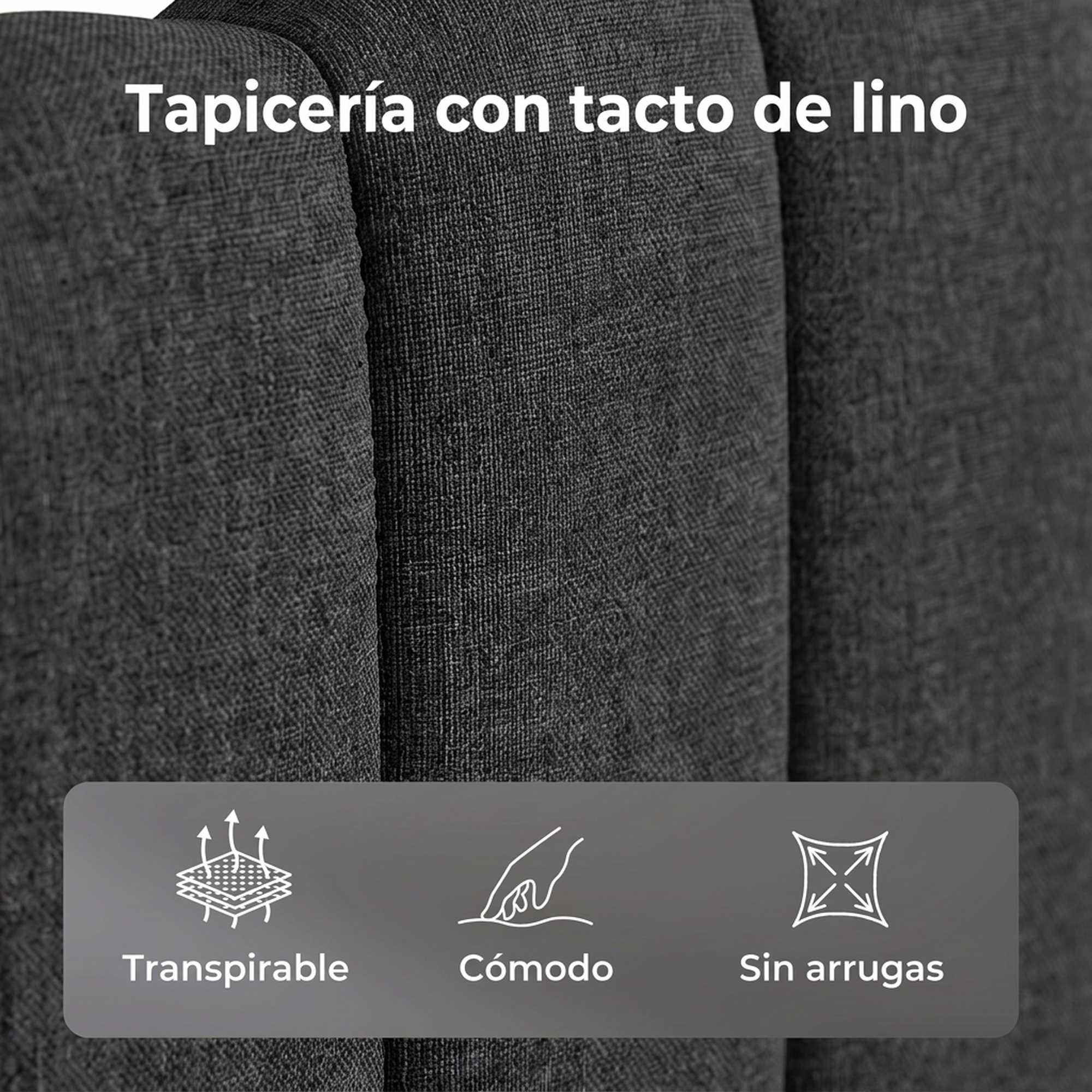 Tapicería de lino gris oscuro con iconos de transpirable, cómodo y sin arrugas.